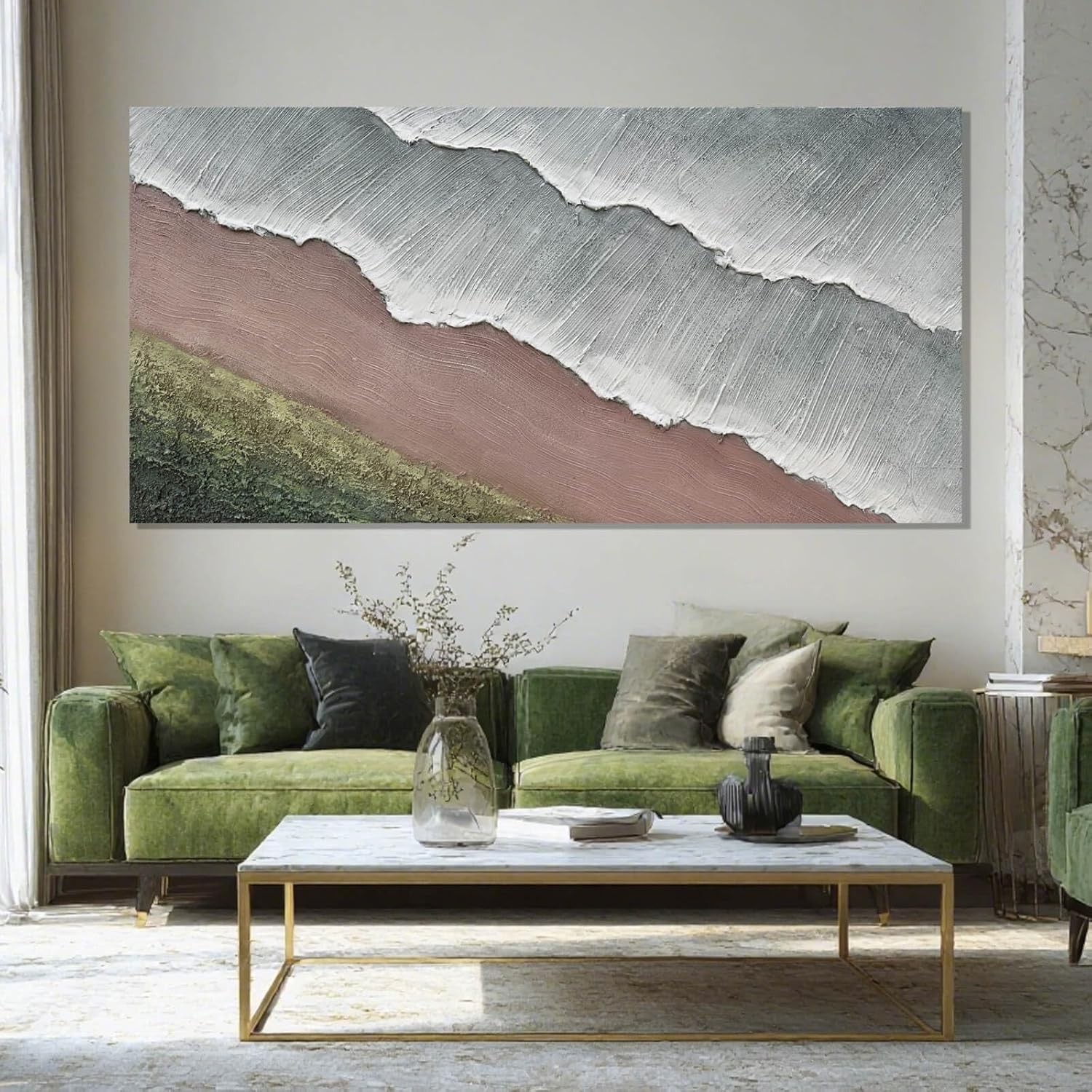 SHEYOYE Green Abstract Wall Art and White Textured Canvas Wall Decor | Modern Wall Decor for Living Room, Bedroom or Dining Room | Wall Hanging 24" x 48"