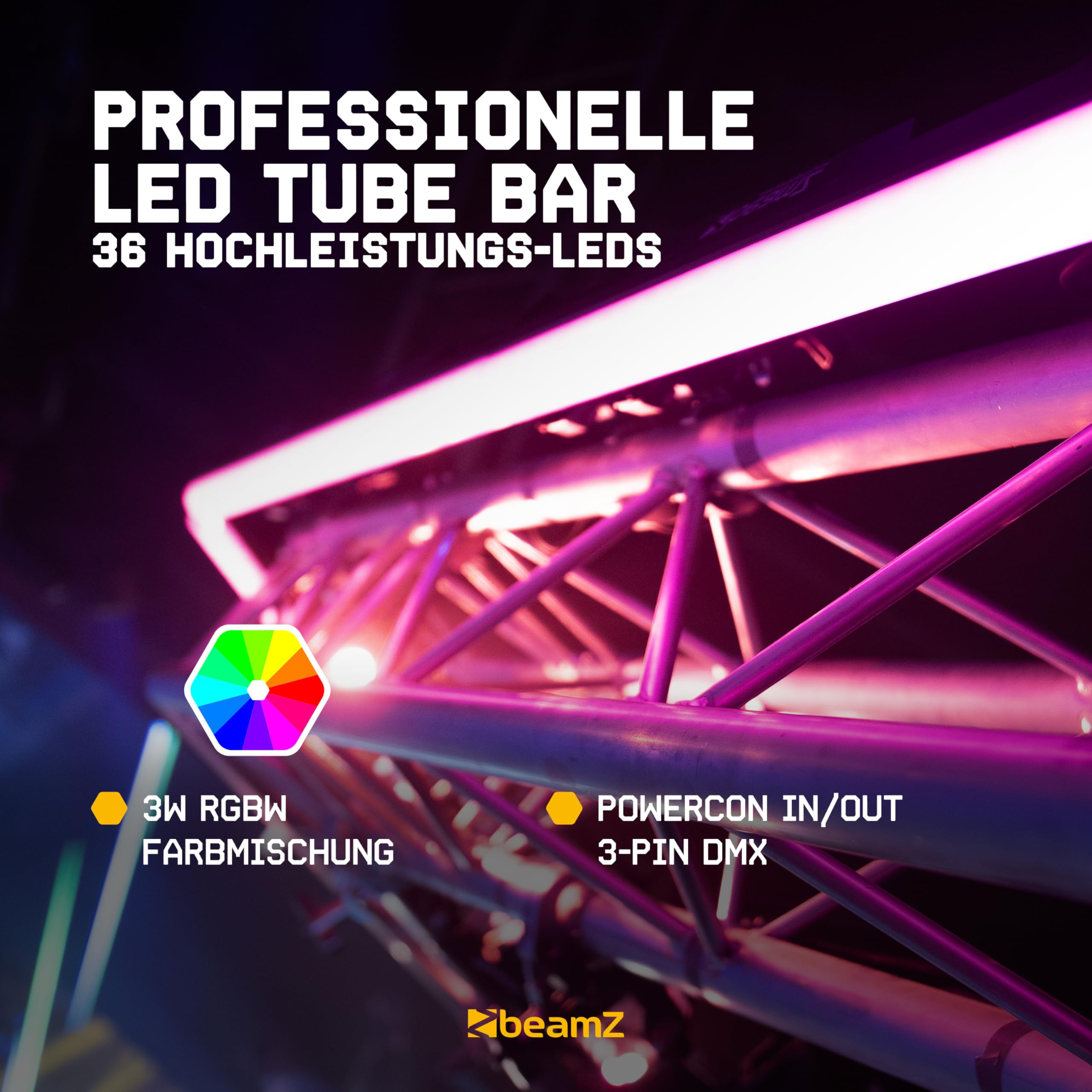 BeamZ LCB300 LED Bar DMX Lightbar RGBW Discolicht Partylicht mit 36 kraftvollen 4-in-1 RGBW LED’s je 3 Watt, Kettenfunktion (Max.6), Master/Slave, IP20, Powercon, 100 x 5,5 x 12cm, Auto Modi