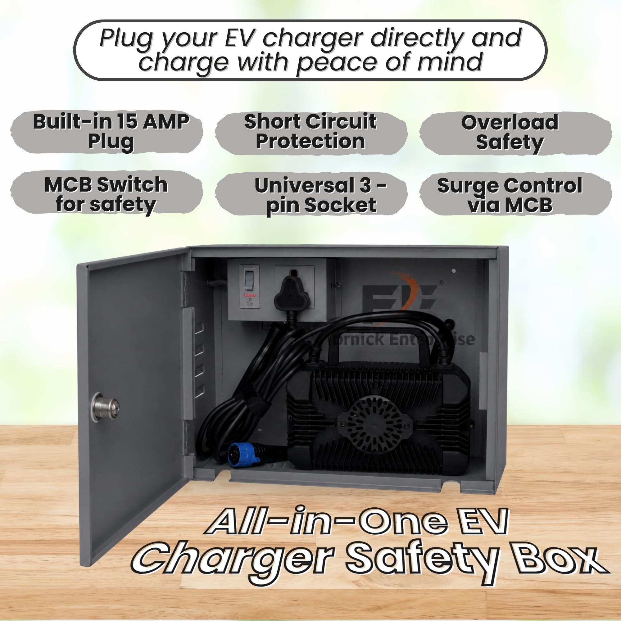Electric Vehicle Charger Safety Box with Lock- Durable Metal Body, Weatherproof, Inbuilt 15 AMP Plug & MCB for Safety β Wall Mountable, Compatible with BMW, GM, Mahindra, TATA and More 1