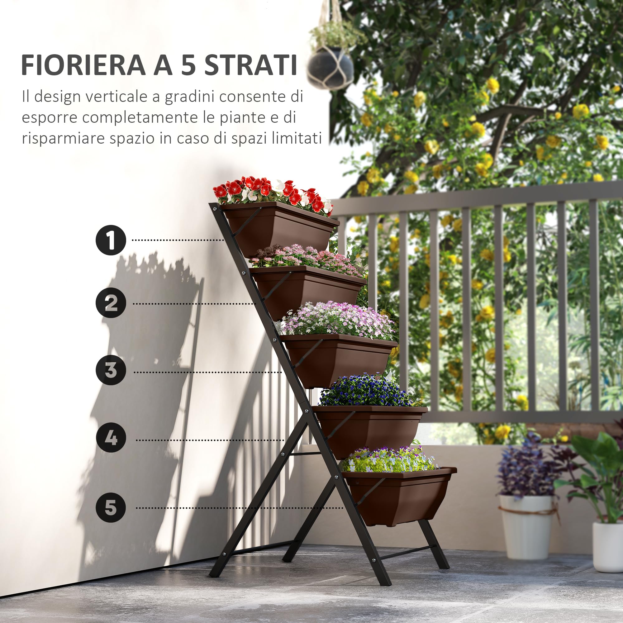 Outsunny Portapiante Rialzato 5 Livelli con 5 Vasi 55x63x120 cm Marrone