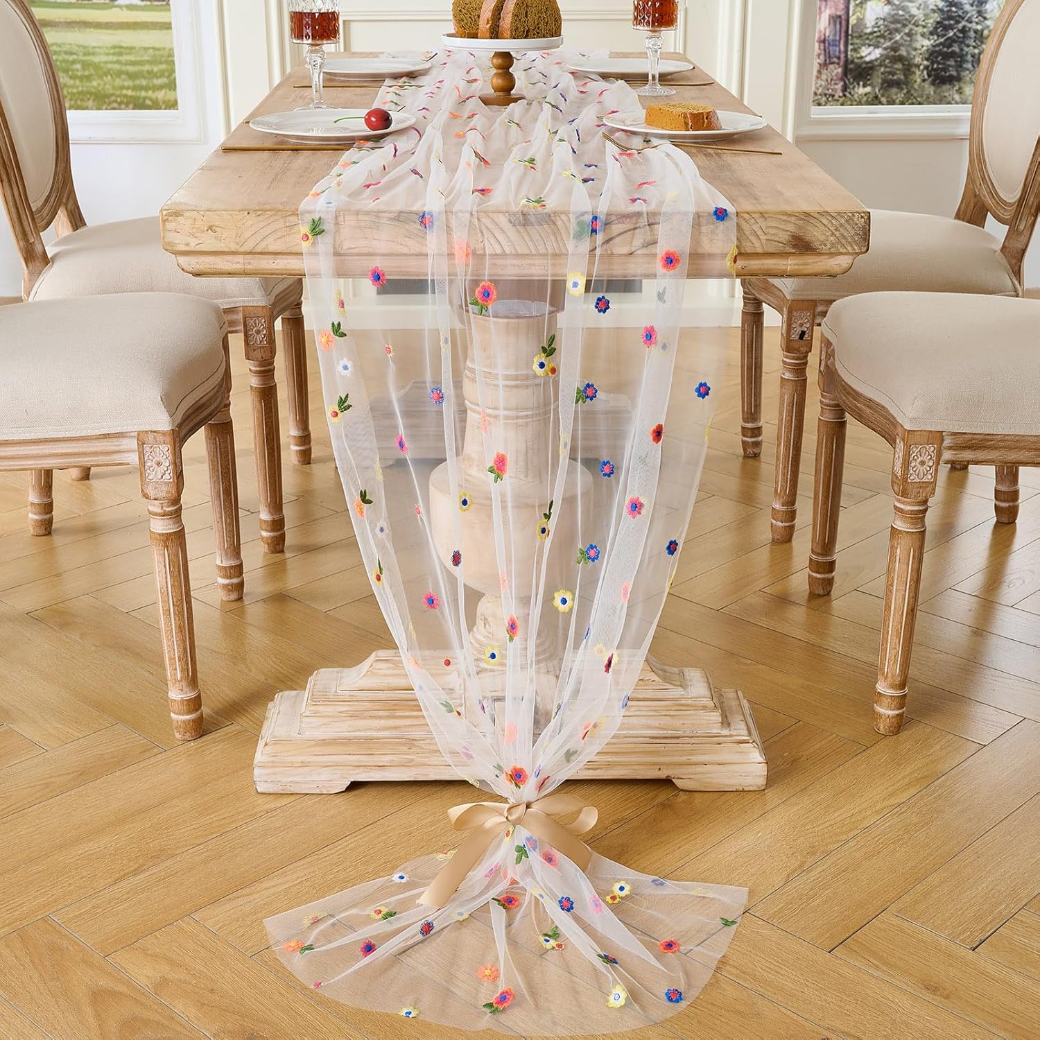 BINBE 12pcs Daisy Spring Table Runner Embroidery Gauze 10FT Florals Seasonal Tulle Holiday Birthday Kitchen Dining Table Decor for Home Party Ivory