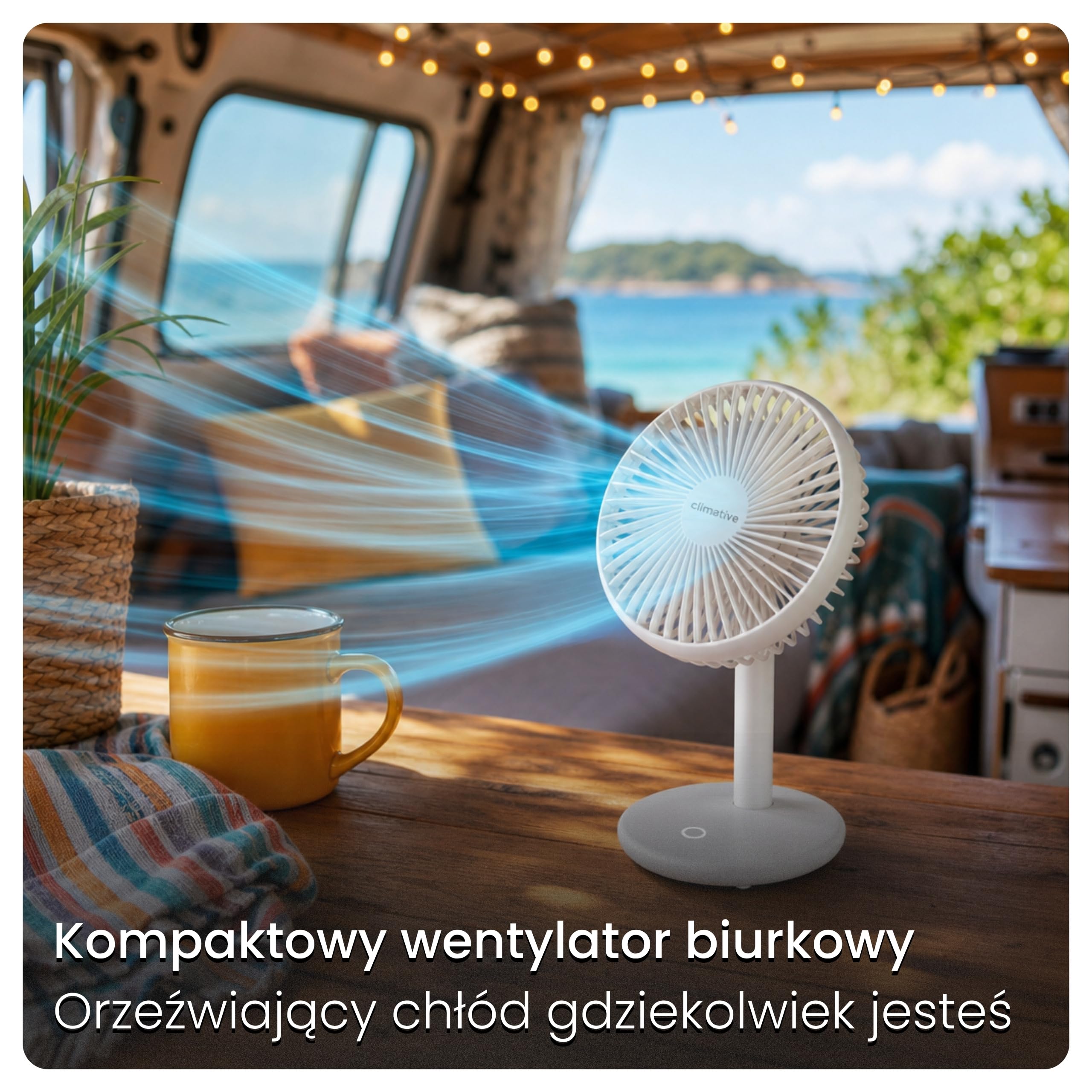 Cichy wentylator biurkowy - Bezprzewodowy wiatrak USB akumulator 2000mAh, Ø 14cm, bezszczotkowy mini wentylator z 7 łopatkami BreezGo, 4 tryby, naturalny wiatr, biały