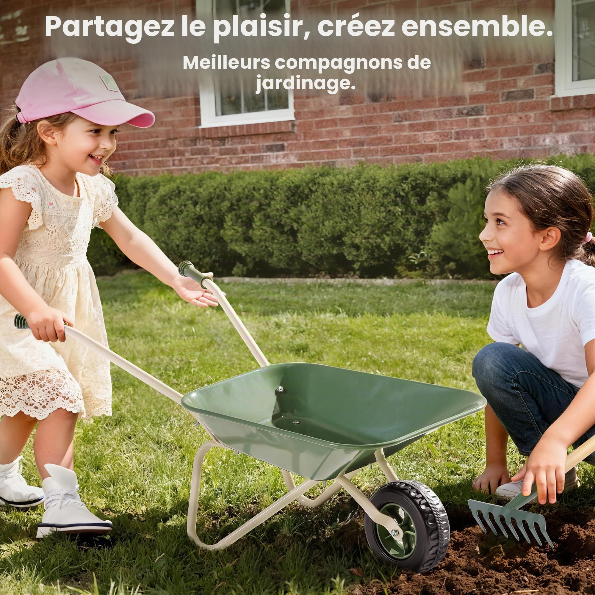 ROBOTIME Brouette en métal pour enfants avec outils de jardin, vert, à partir de 3 ans | Avec arrosoir, outils de plantation, panneaux de plantation et poignées en bois réglables pour jardin, cour et bac à sable