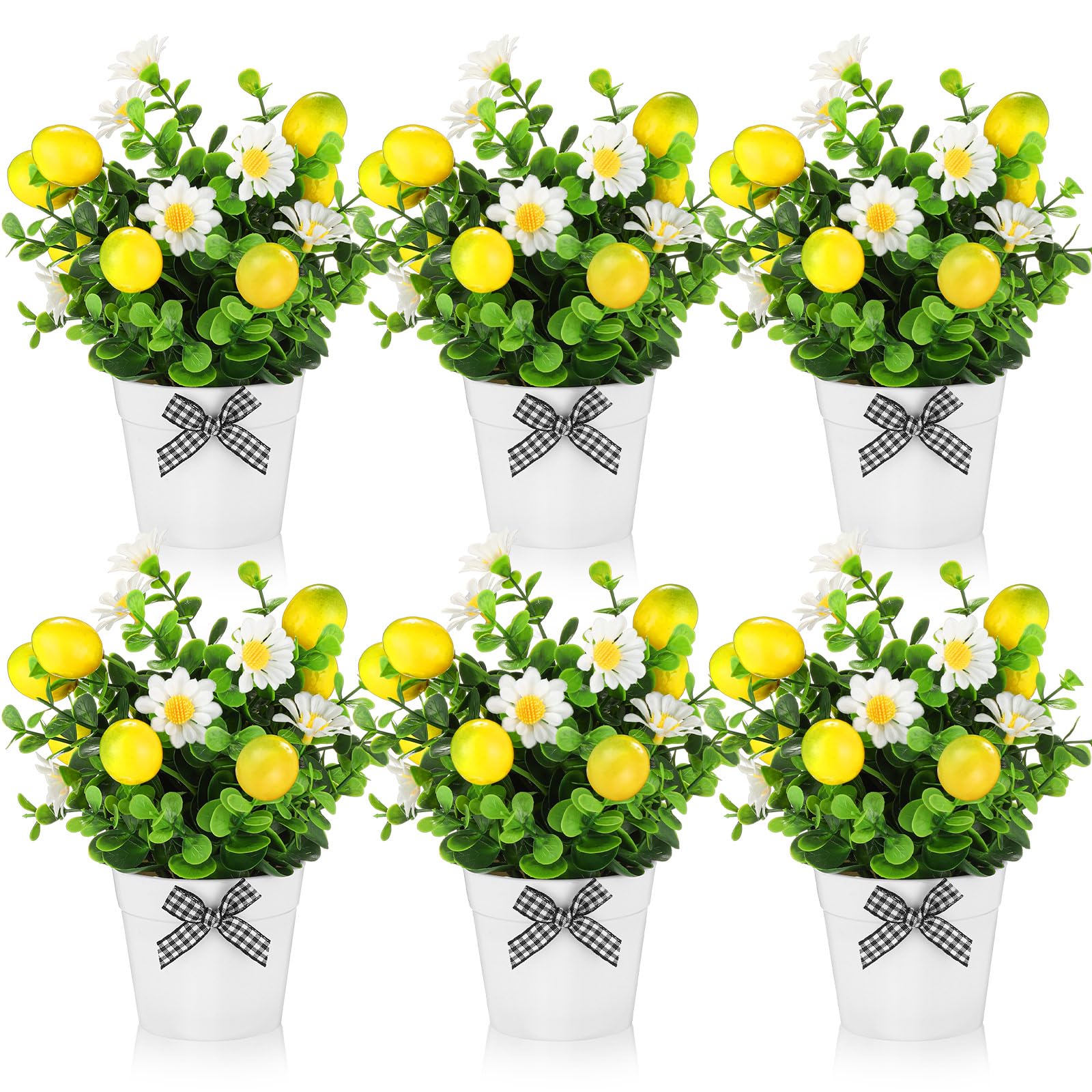 Nitial 6 Pcs Lemon Decor Lemon Tiered Tray Decor Artificial Lemon Pot Plant 7.75 Inch Fake Lemon Daisy Plant Table Centerpiece for Home Decor Lemonade Party Spring Summer Farmhouse Greenery Accessory
