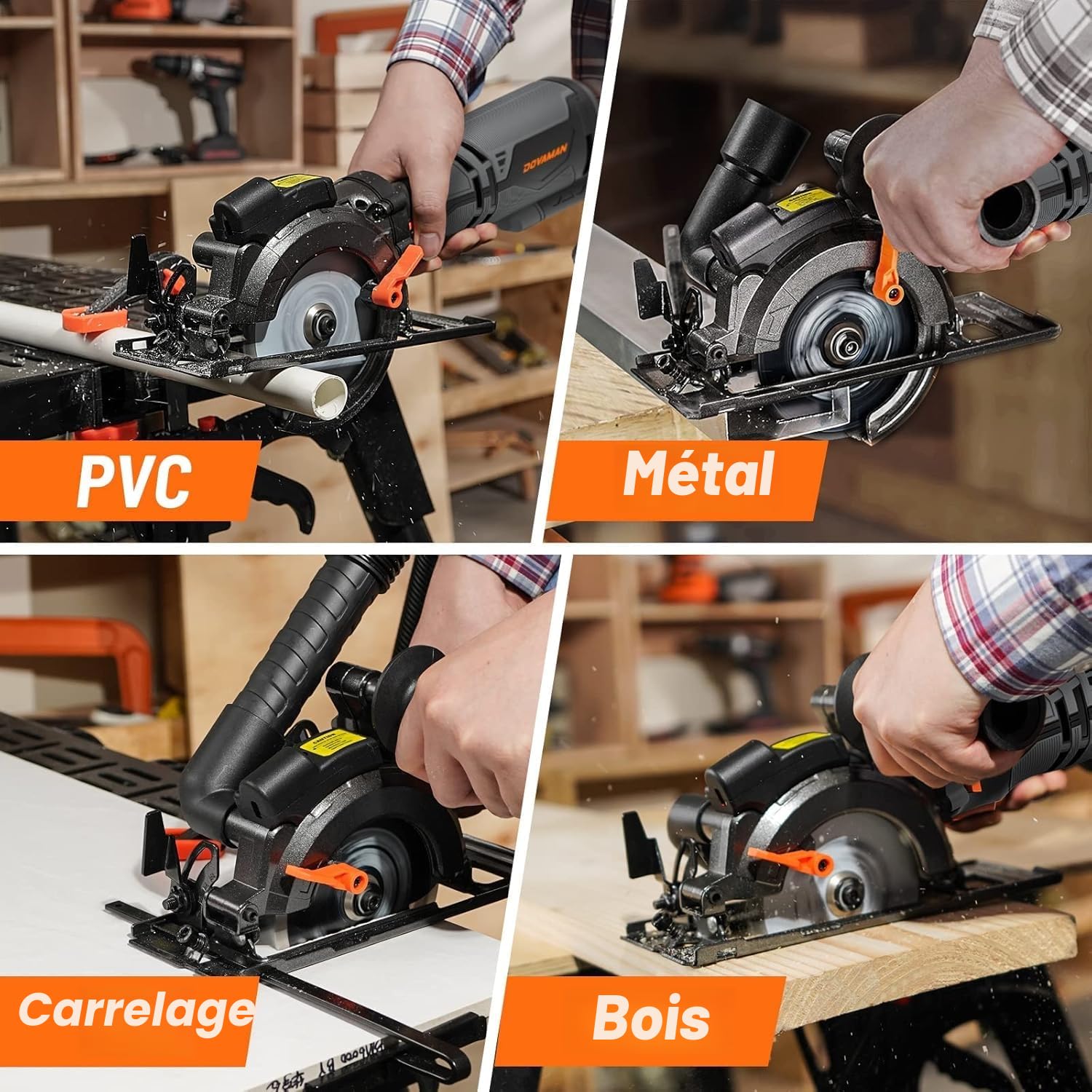 DOVAMAN Mini Scie Circulaire, 710W 115mm w/Laser, 3500RPM, Poignée Auxiliaire, Profondeur de Coupe de 43mm (90°), 29mm (45°), 6 Lames, pour le Bois, Métal Souple, Plastique, Carrelage - MCS01A