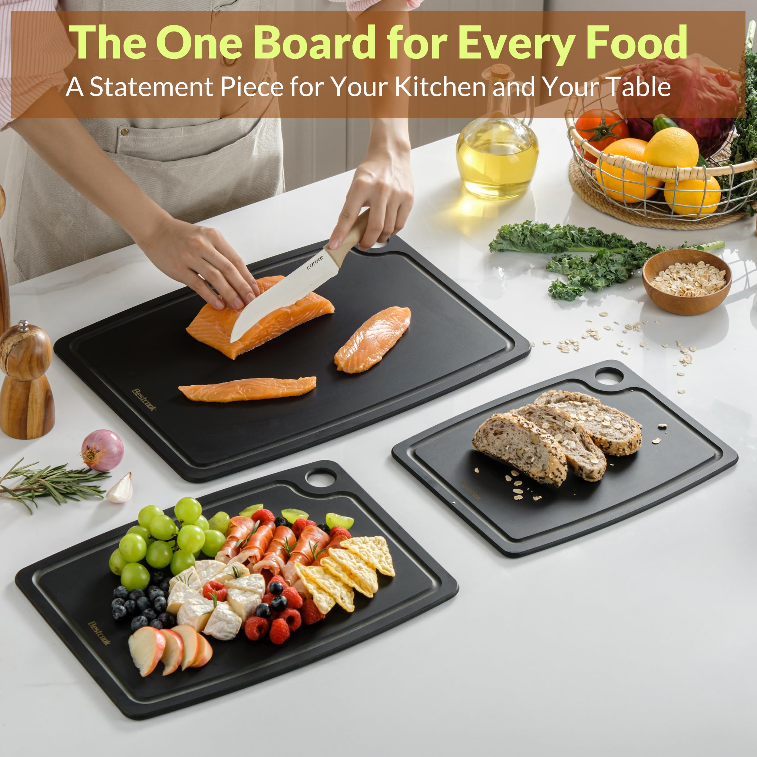 BESTCOOK Tagliere in Fibra di Legno con Fessura per Il Succo, Lavabile in Lavastoviglie, Piedini Antiscivolo, Senza BPA, non Poroso, Resistente per la Cucina, Adatto ai Coltelli per Carne | Taglieri con scanalatura per succo, antiscivolo, senza BPA, non p
