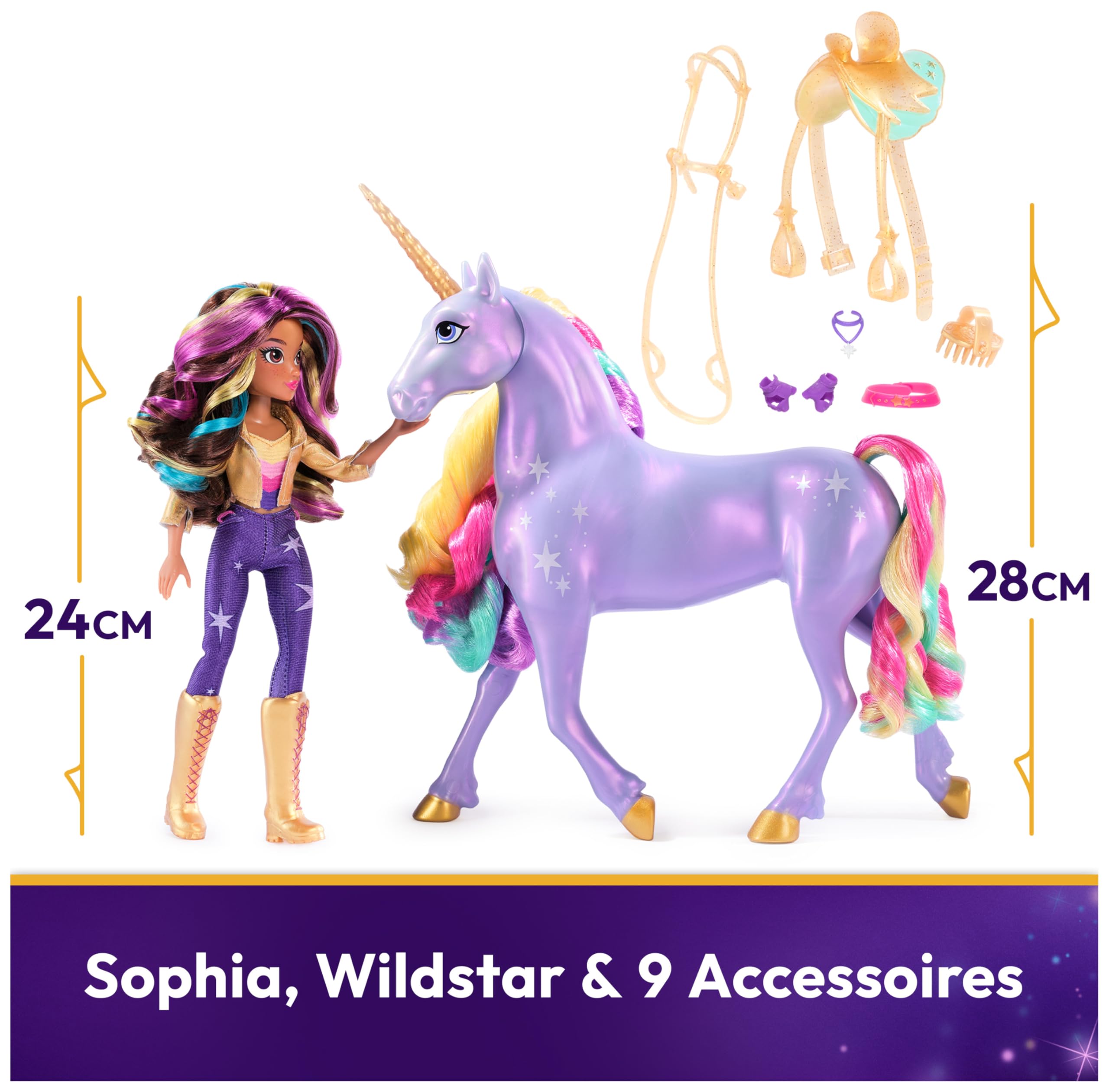 Unicorn Academy - Sophia und Licht-Magie Wildstar Deluxe Set, 28 cm Einhorn mit Lichteffekten und Musik, 24 cm Ankleidepuppe, passend zur Netflix Serie, ab 4 Jahren