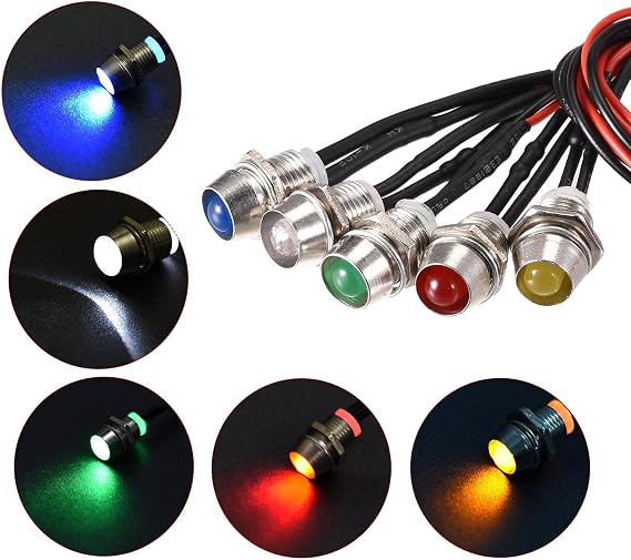 uxcell LED Signal Indicator Lights AC/DC 12V 8mm Panel Mount Metal Shell Warning Lamps Red Yellow Blue Green White 10Pcs, for Industrial Electrical Car Motorcycles Boat
