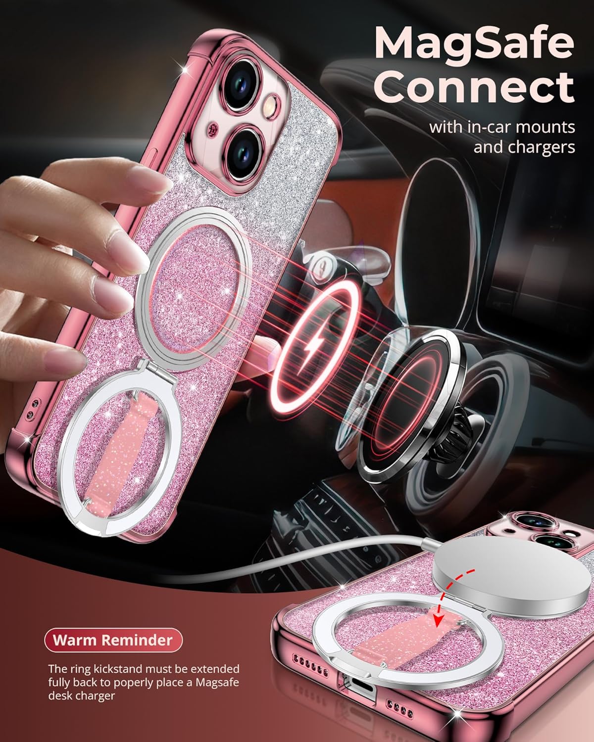 Silverback for iPhone 15 Case with Soft Silicone Grip and O-Ring Stand Compatible with Magsafe, Women Girls Bling Sparkly Protective Phone Case Cover, Clear Glitter Rose Gold - Image 4
