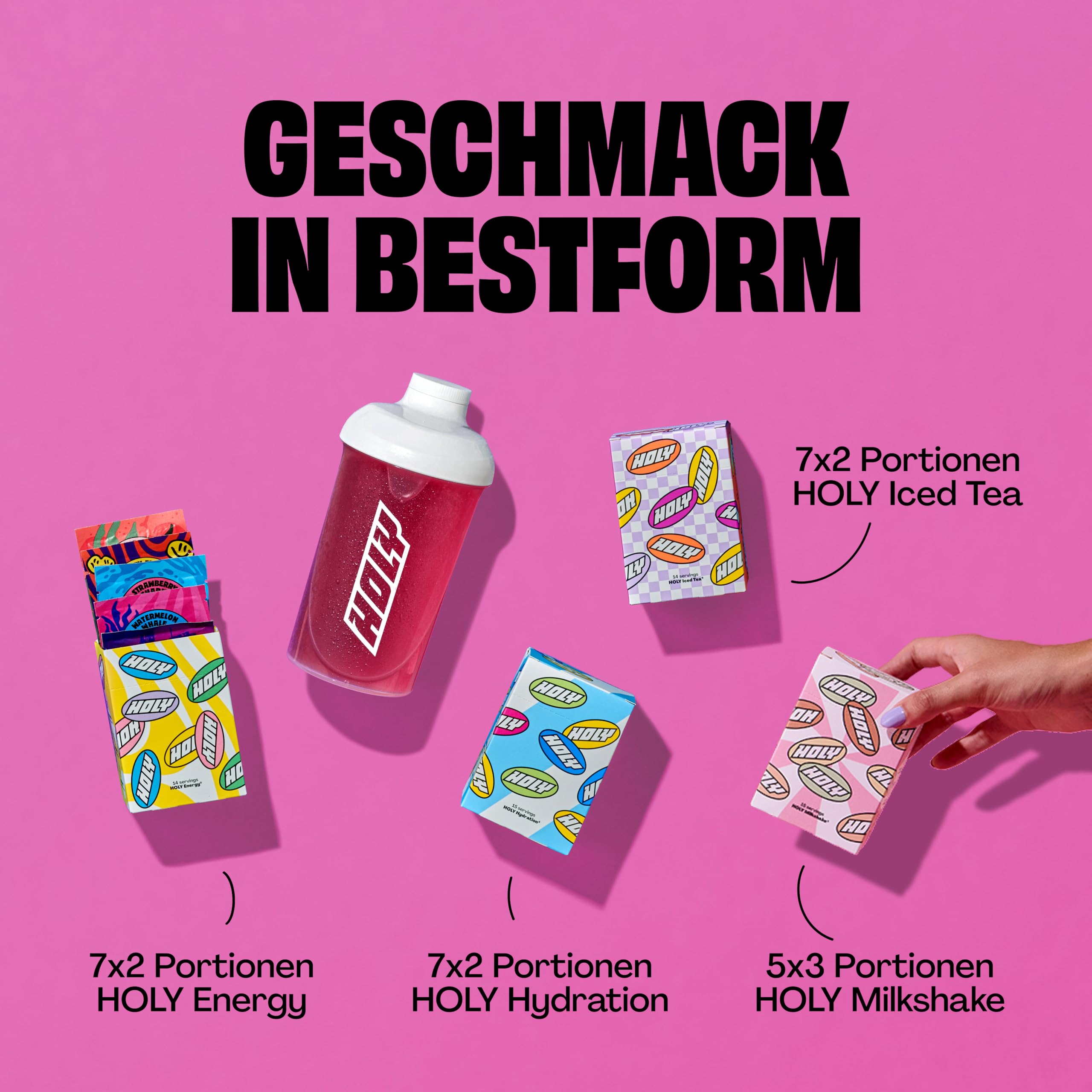 HOLY Starter Set Deluxe - Energy, Iced Tea, Hydration & Milkshake - 57 Portionen in 26 fruchtigen Geschmacksrichtungen - Vegan & zuckerfrei mit 100% natürlichen Fruchtaromen