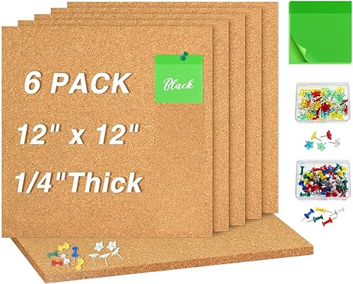 PLULON Paquete de 6 tableros de corcho para pared de 12 x 12 pulgadas, 14 de pulgada de grosor, autoadhesivos, cuadrados, tableros de anuncios con