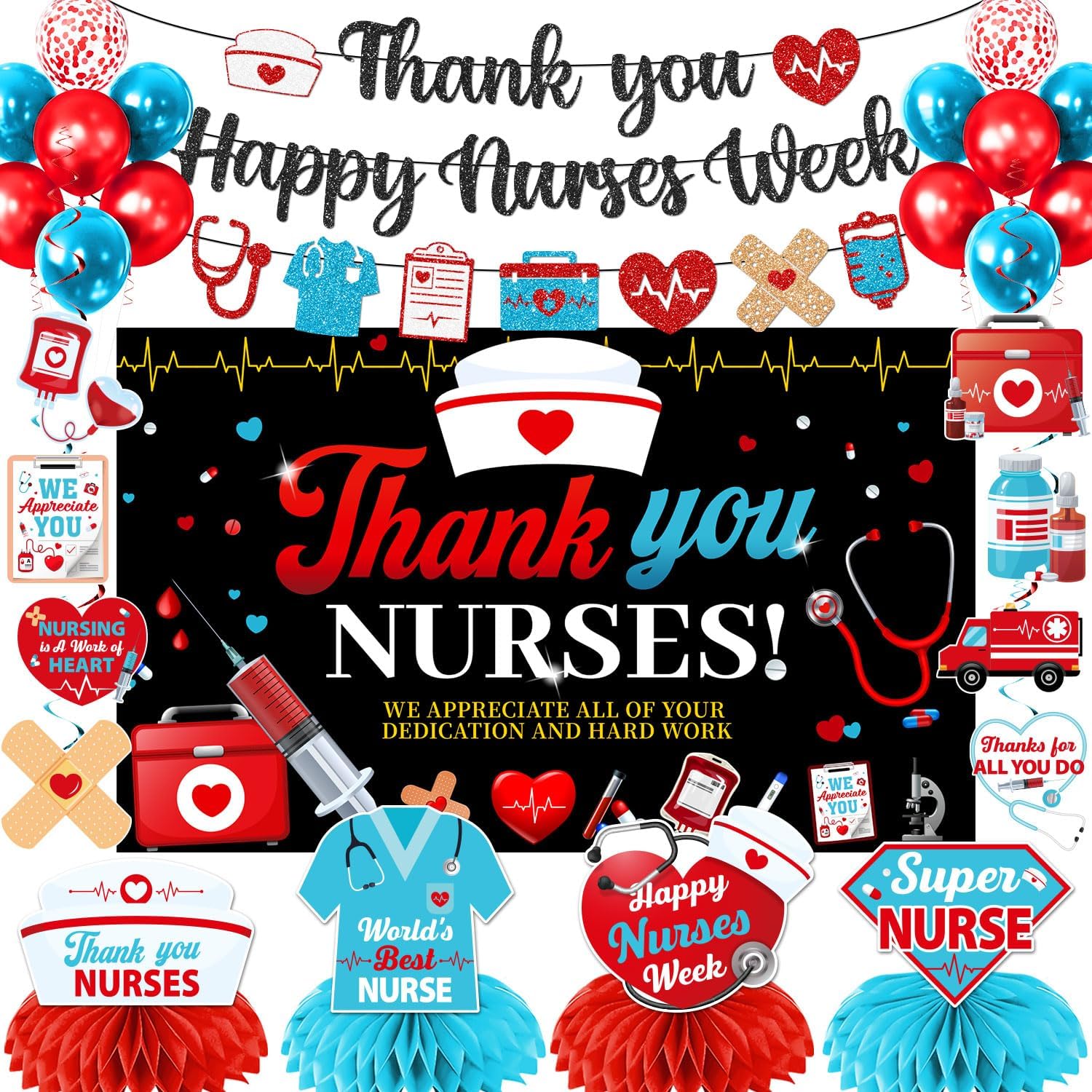 Nurse Week Decorations 2026 Set, No Assembly Nurse Week Party Decor for Photo Backdrop And Unit Gratitude, Banner Backdrop Swirls Honeycombs Balloons