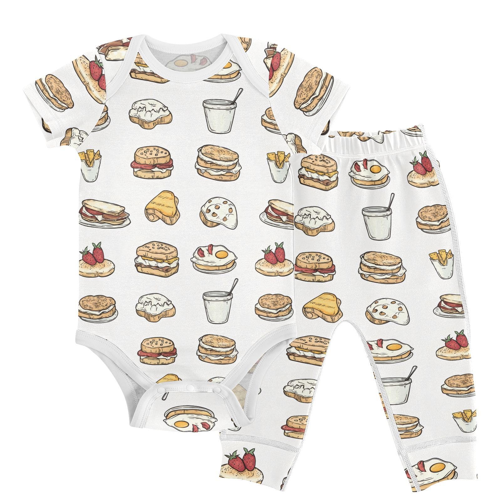 vvfelixl Sketchy Breakfast Baby Layette Sets,Baby Bodysuits Set Unisex Short Sleeve Babys Pants Sets 9-12M