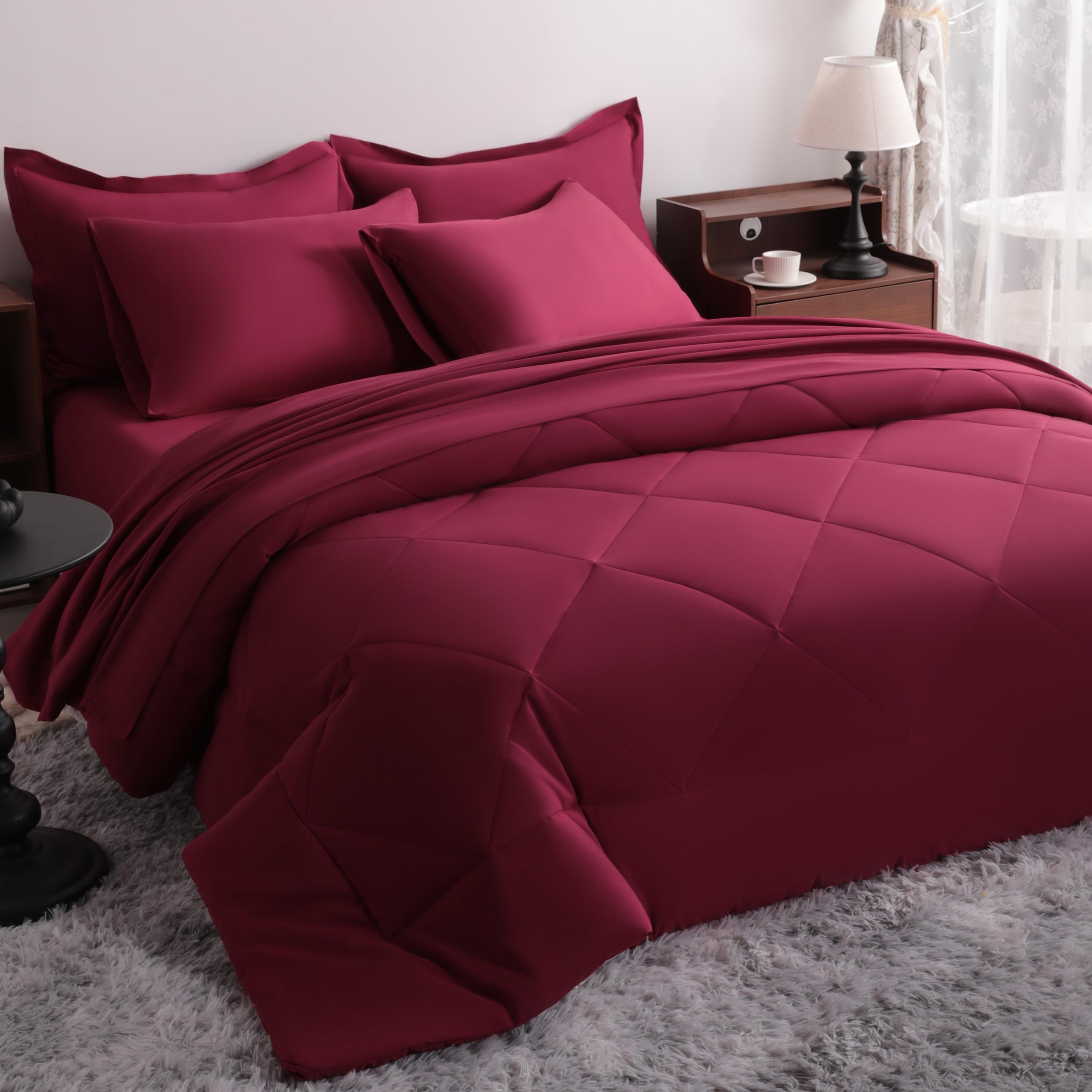 NTBAY Queen Microfiber Bed in a Bag, Comforter Set 7 Piece, Wine Red