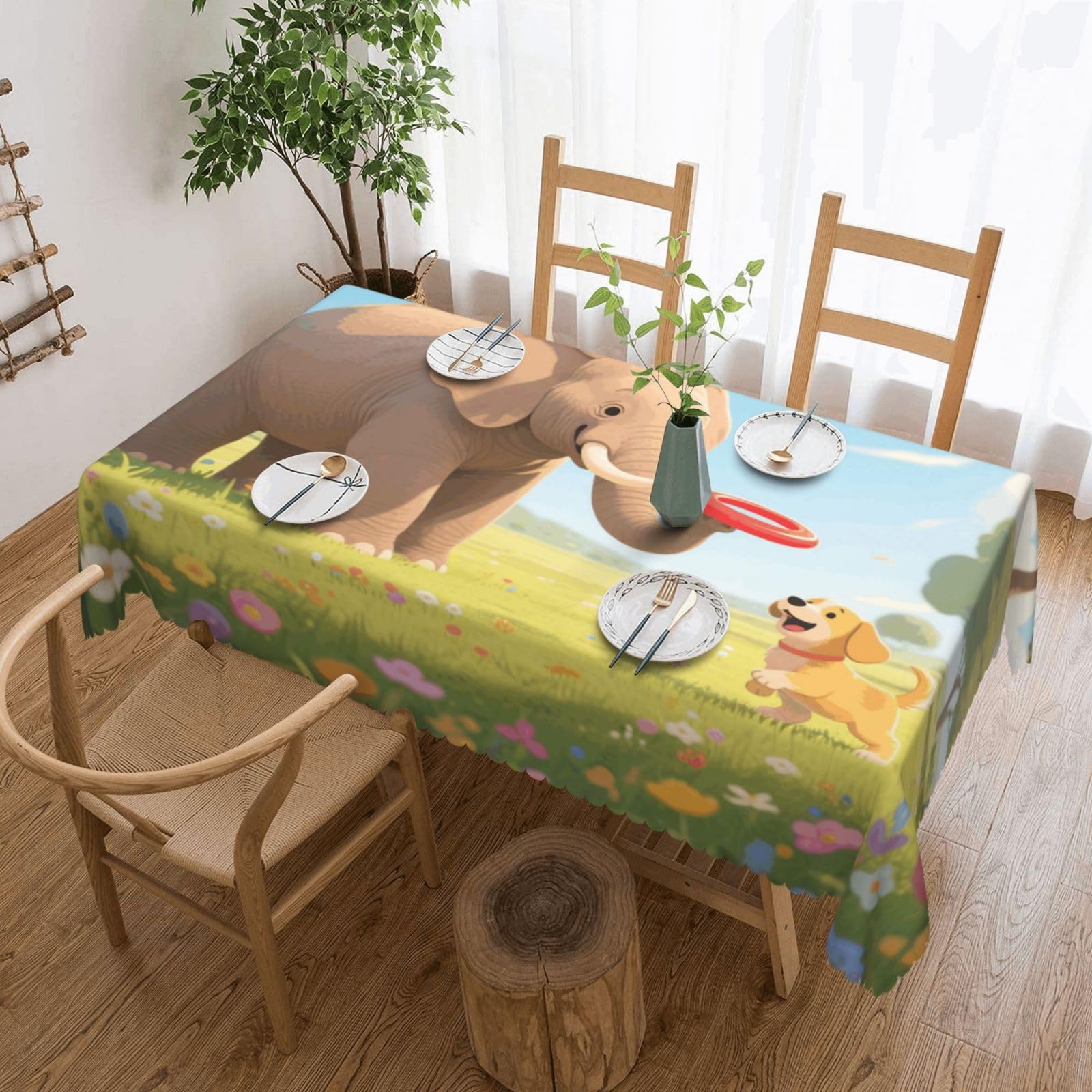 FekiLoot Rectangle Tablecloth 54 X 72 Inch, Classic Stain ‎Resistant Table Cloth Reusable Washable Table Cover Elephant and Dog Tabletop Decor for Kitchen Dining Party Indoor Outdoor Use