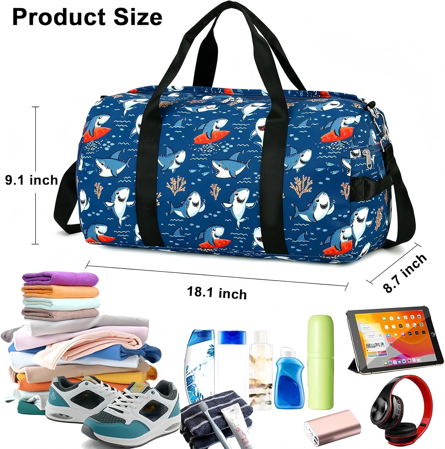 CAMTOP Kids Duffel Overnight Bag for Boys and Girls Toddler Carry-On Size Tote for Travel Duffle Gym Sport (Shark-Dark Blue) - Image 6