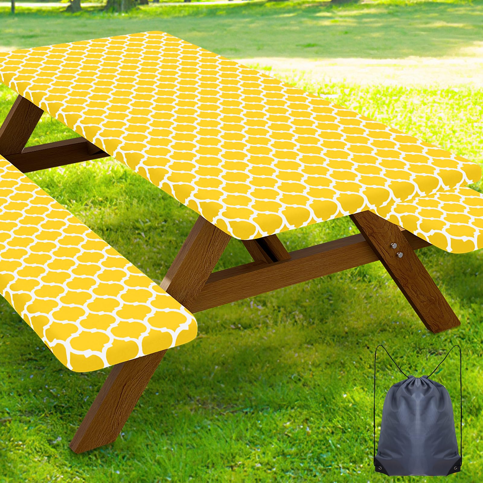 Smiry Picnic Table Cover with Bench Covers, Waterproof Elastic Fitted Tablecloth for 5 Foot Tables, Washable Polyester Tablecloths for Camping, Indoor &amp; Outdoor (Yellow, 30x60 Inch 3-pc Set)