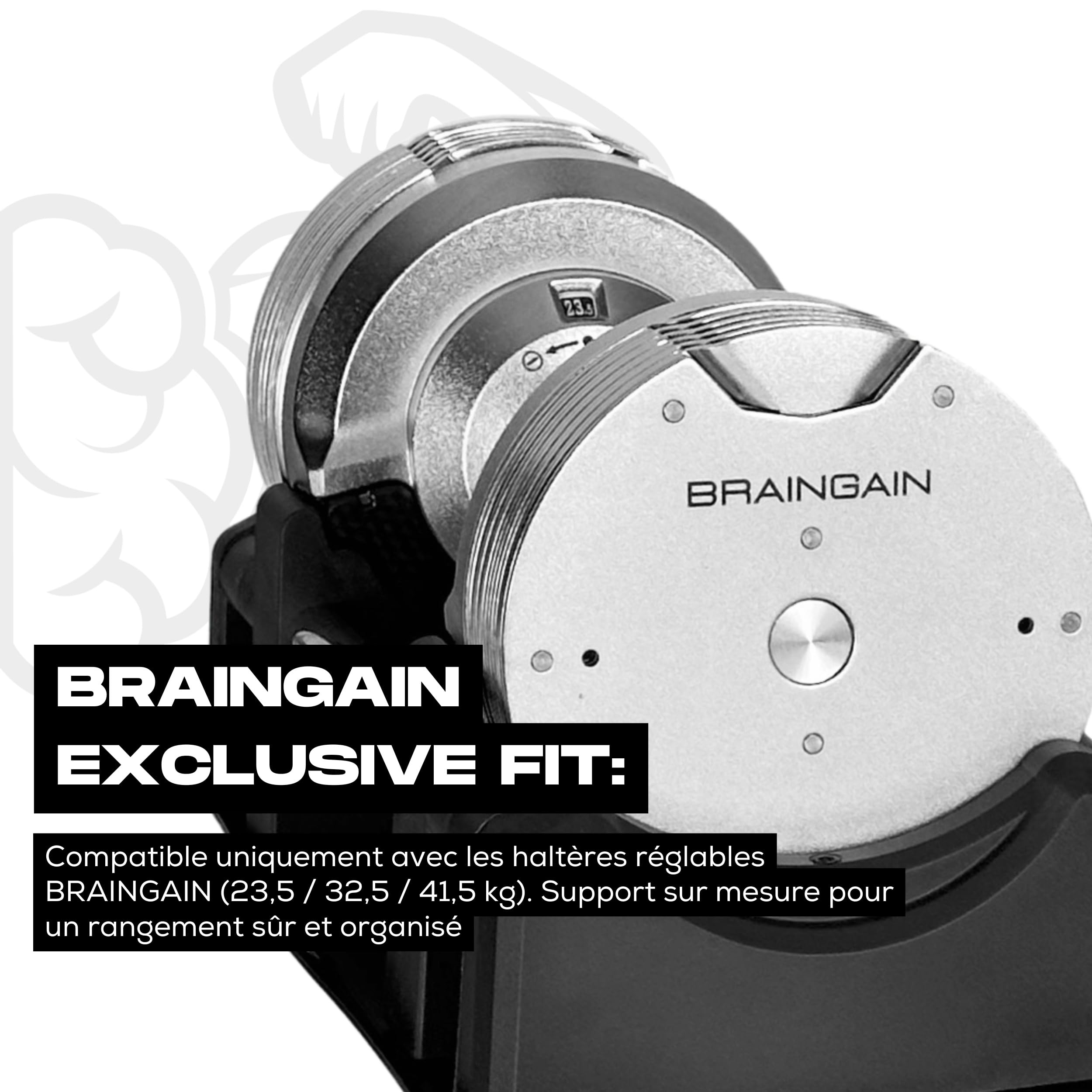 BRAINGAIN Rack de Rangement – Support pour Haltères Réglables (Compatible avec les haltères BRAINGAIN 20kg, 23,5kg, 32kg, 32,5kg, 41,5kg) Noir/Chromé