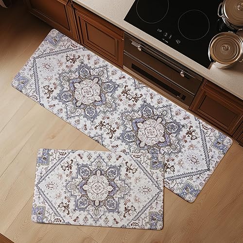 Miniatura 8 de FRESHMINT Juego de 2 tapetes de cocina bohemios para piso, estilo bohemio, envejecido, antifatiga, alfombras de cocina vintage para casa de campo,