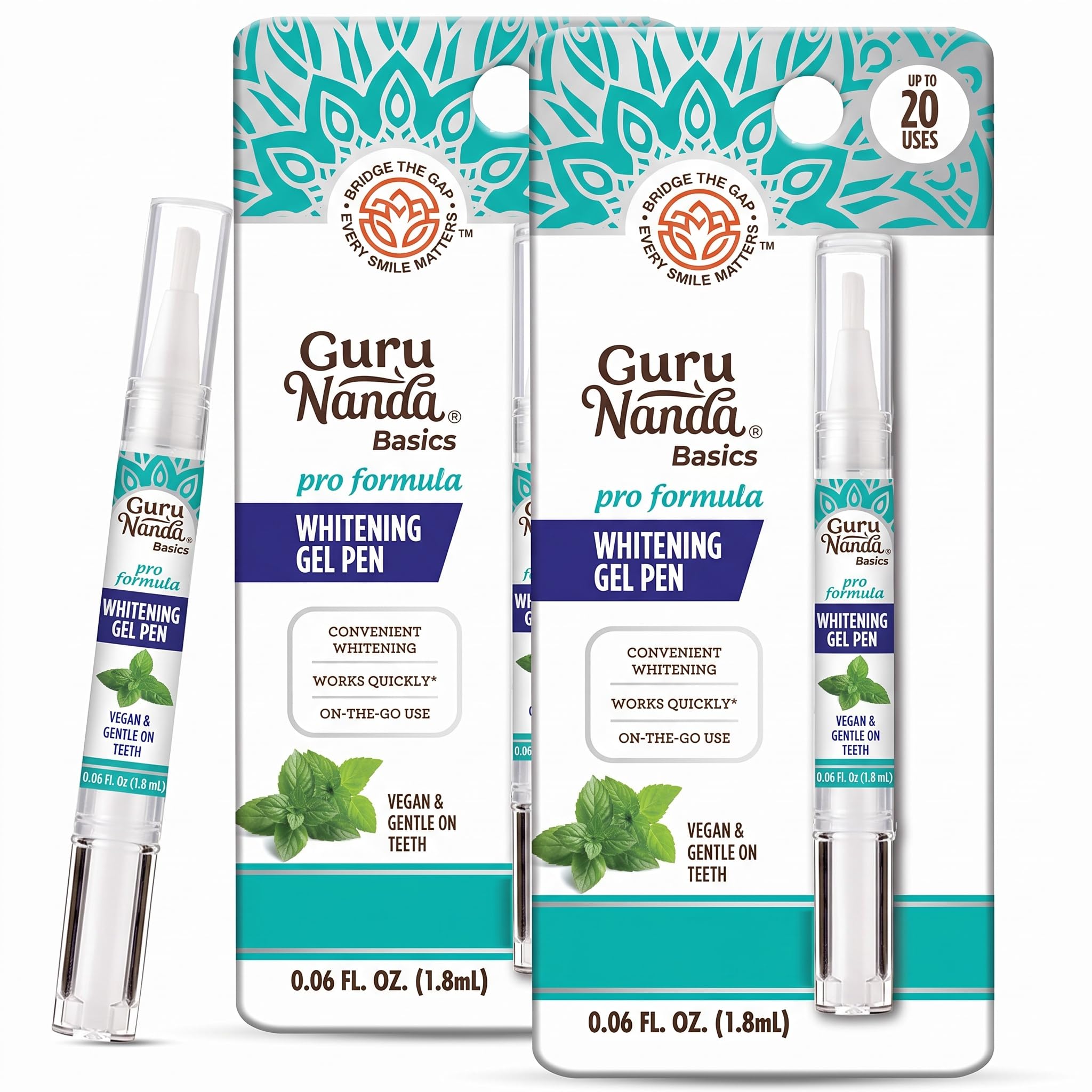 GuruNanda Teeth Whitening Pen,(0.06 fl oz)-20 Uses, Vegan &amp; Gentle on Teeth Pro Formula - Hydrogen Peroxide Whitening Gel Pen, Cruelty-Free, Mint Flavor (Pack of 2)