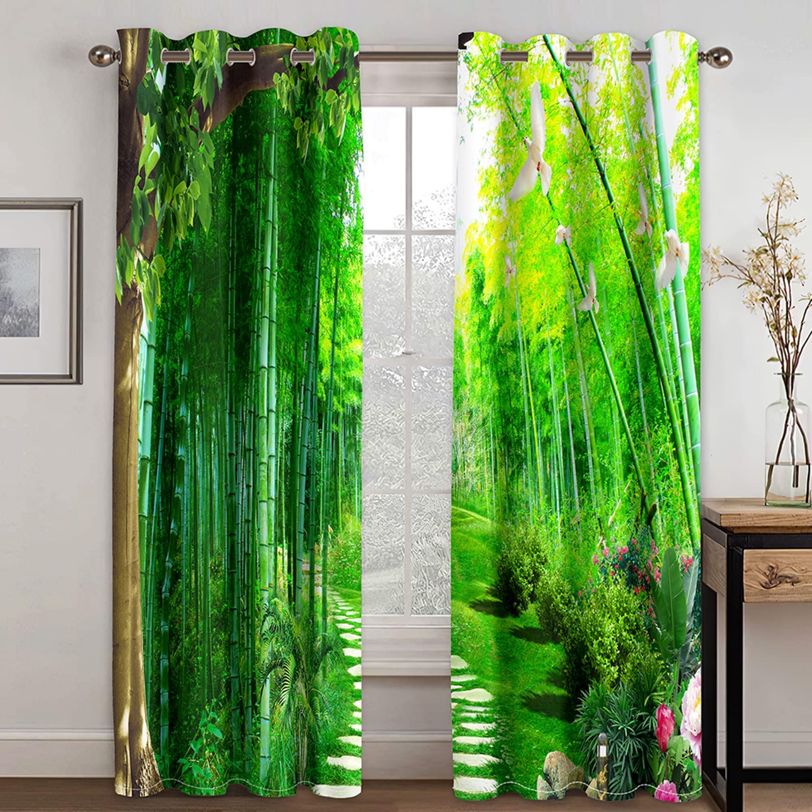 Aeici Cortinas Baño, Cortinas Cuarto Bambú Bosque Camino Flor Ave Verde para Dormitorio Sala de Estar, 214x138CM