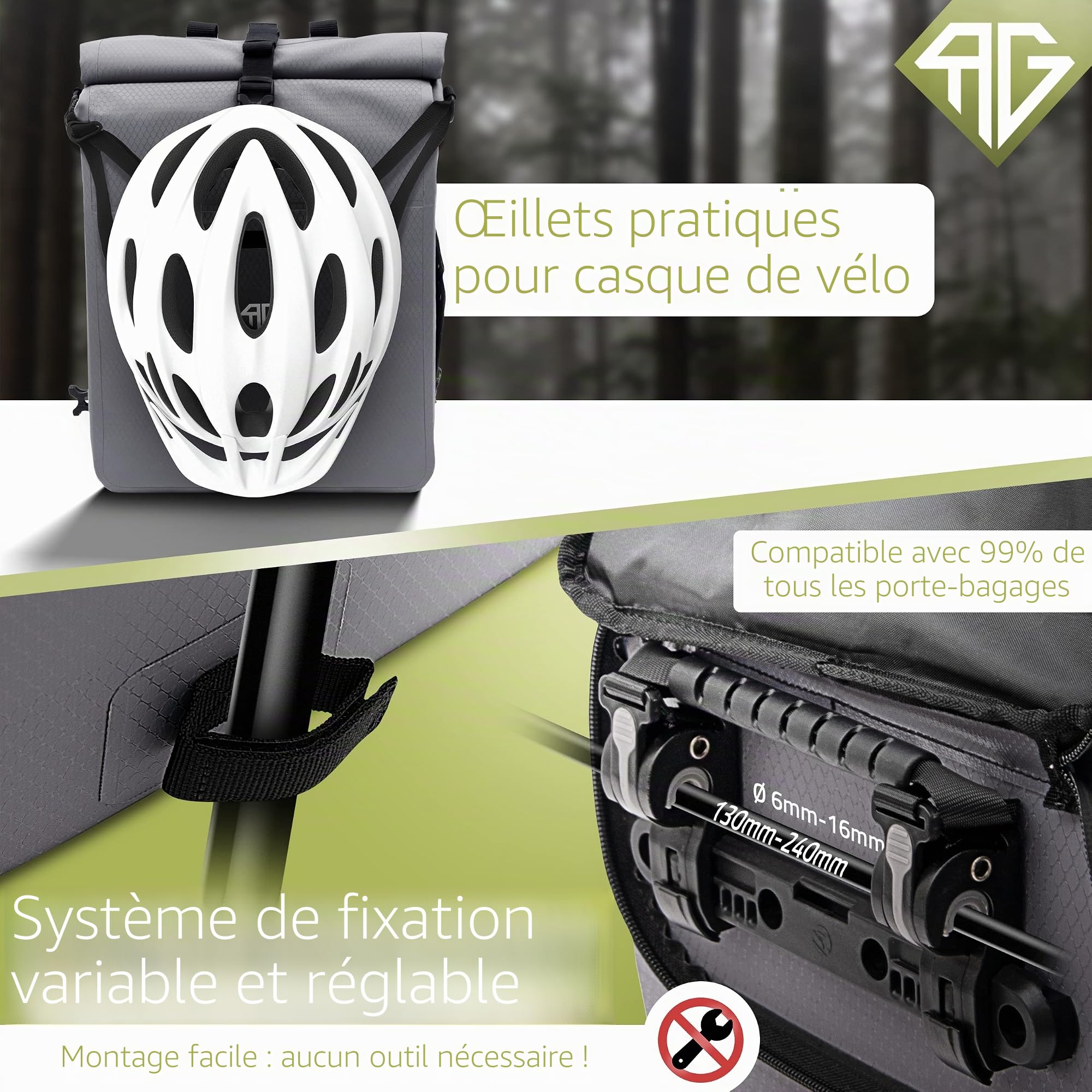 RADGEIST Sacoche de vélo 3 en 1 pour porte-bagages - Sac à dos pour vélo - Sacoche de porte-bagages - Sac à bandoulière - avec compartiment pour ordinateur portable - étanche - 25L - gris