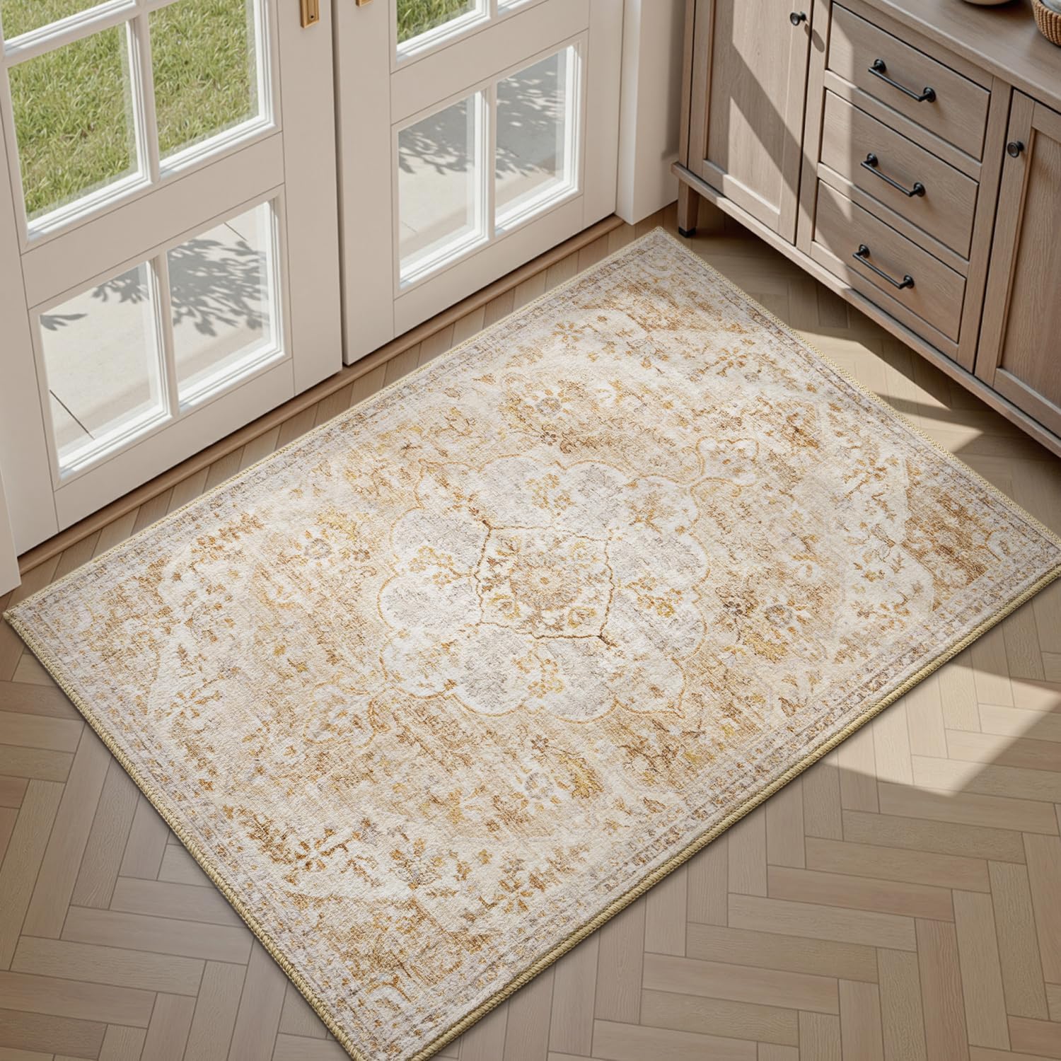 tchdio 3x5 Bedroom Area Rug, Non Slip Washable Entryway Rug Indoor, Soft Low Pile Vintage Door Mat, Stain Resistant Rug for Entrance, Bedside, Dining Room (Brown, 3'x5')