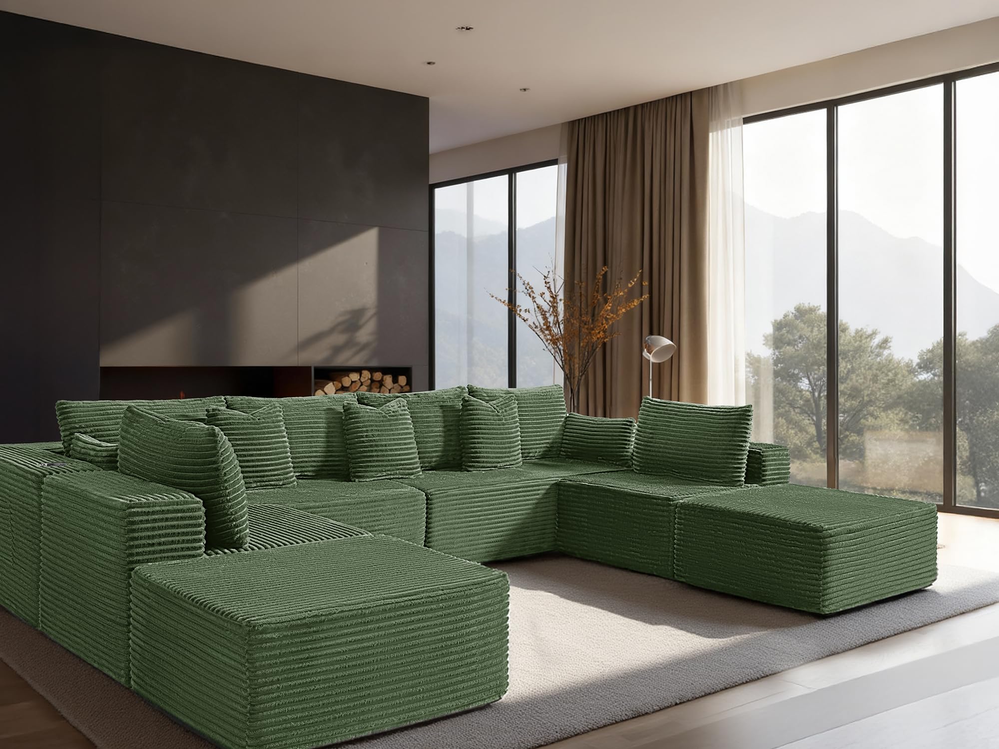 138" Cloud Sectional Couch, Comfort U Shaped Sofa for Living Room, Extra Deep Seats No Assembly, Minimalist Modular Couch, Corduroy (Olive Green, 8 Seats,U-Shape A)