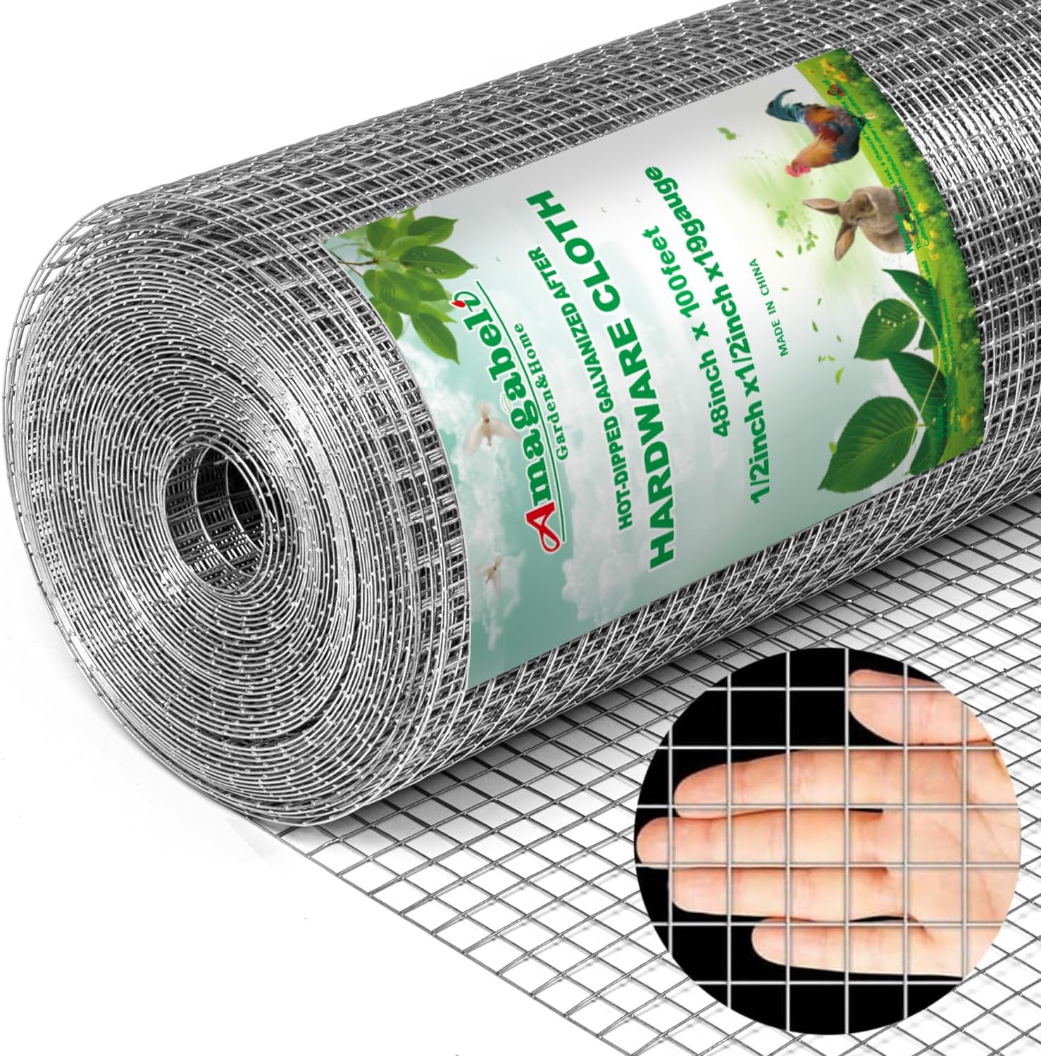 AMAGABELI GARDEN & HOME Hardware Cloth 1/2 inch 48 x 100 ft Galvanized 19 Gauge Chicken Wire Fence Welded Wire Fencing Mesh Roll Gopher Wire Rabbit Wire Snake Fence Poultry Netting Cage Screen JW008