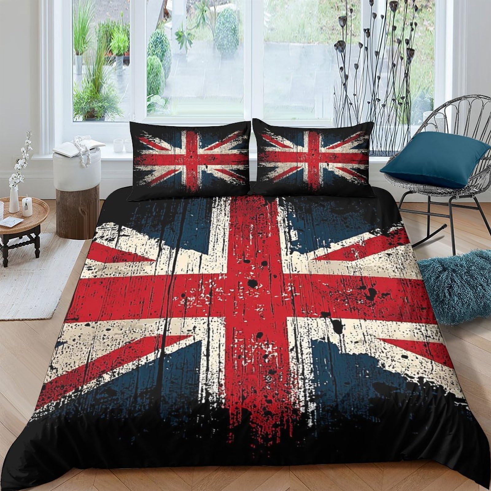 GPLZQXKJNH 3D Printed Vintage Union Jack Duvet Cover Microfiber Soft Breathable British Flag Bedding Set with 2 Pillowcases for Bedroom Decor Single（135x200cm）