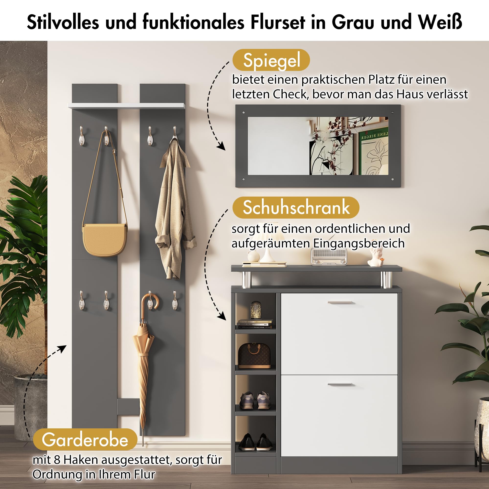 Merax Garderoben-Set 3-teilig, Flur Garderoben Komplettprogramme mit Schuhschrank, Wandspiegel, Garderobenpaneele, Grau & Weiß