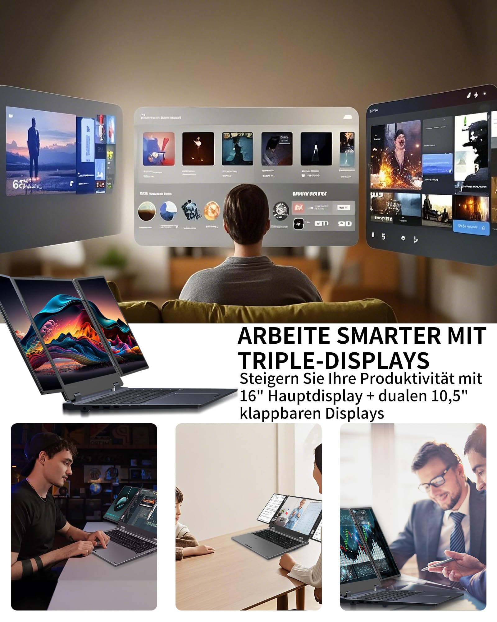 KOOFORWAY Laptop mit 3 Bildschirmen,16" Hauptdisplay+2x10,5",Core i7-1270P