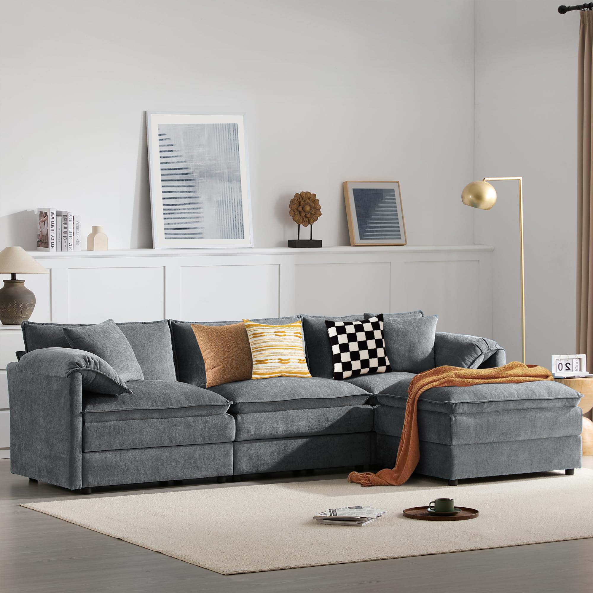 EYATZO 103.5" L Shaped Modern Cloud Sofa Modular Sectional Couch with Ottoman, 4-Seat Chenille Deep Seat Sofa with Pillow for Living Room, Bedroom and