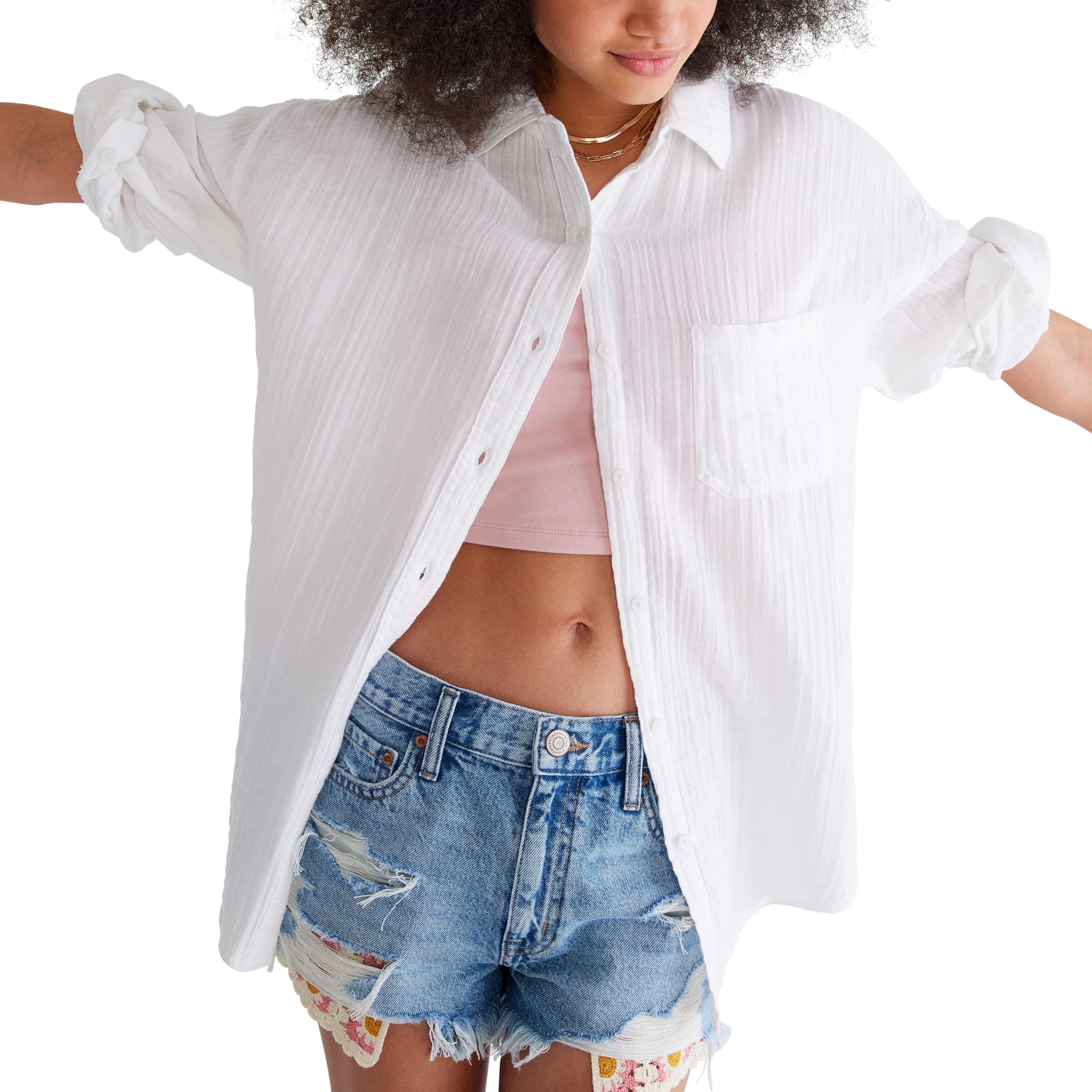

                                                    Aeropostale Women's Long Sleeve Gauzy Oversized Sh