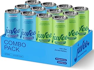 Juvee Rejuvenating Energy Drink. Blue Raspberry Kiwi Strawberry Variety Pack. Sugar Free Energy Drinks. Taurine, Vitamin B12, Vitamin B6. 128 Mg Of Caffeine. L-Theanine For Mood Support. Panax Ginseng For Focus. Vitamin C For Immune Support. Gluten Free 12 Fl Oz (Pack of 12)