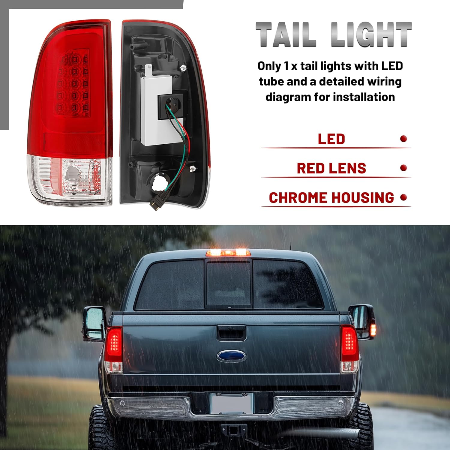 HECASA LED Pair Tail Lights Compatible with 1997-2007 Ford F150 F250 F350 F450 F550 Super Duty Truck Replacement for FO2801117 FO2800117 Rear Taillight Brake Lamp w/LED Tube Red Lens Chrome Housing