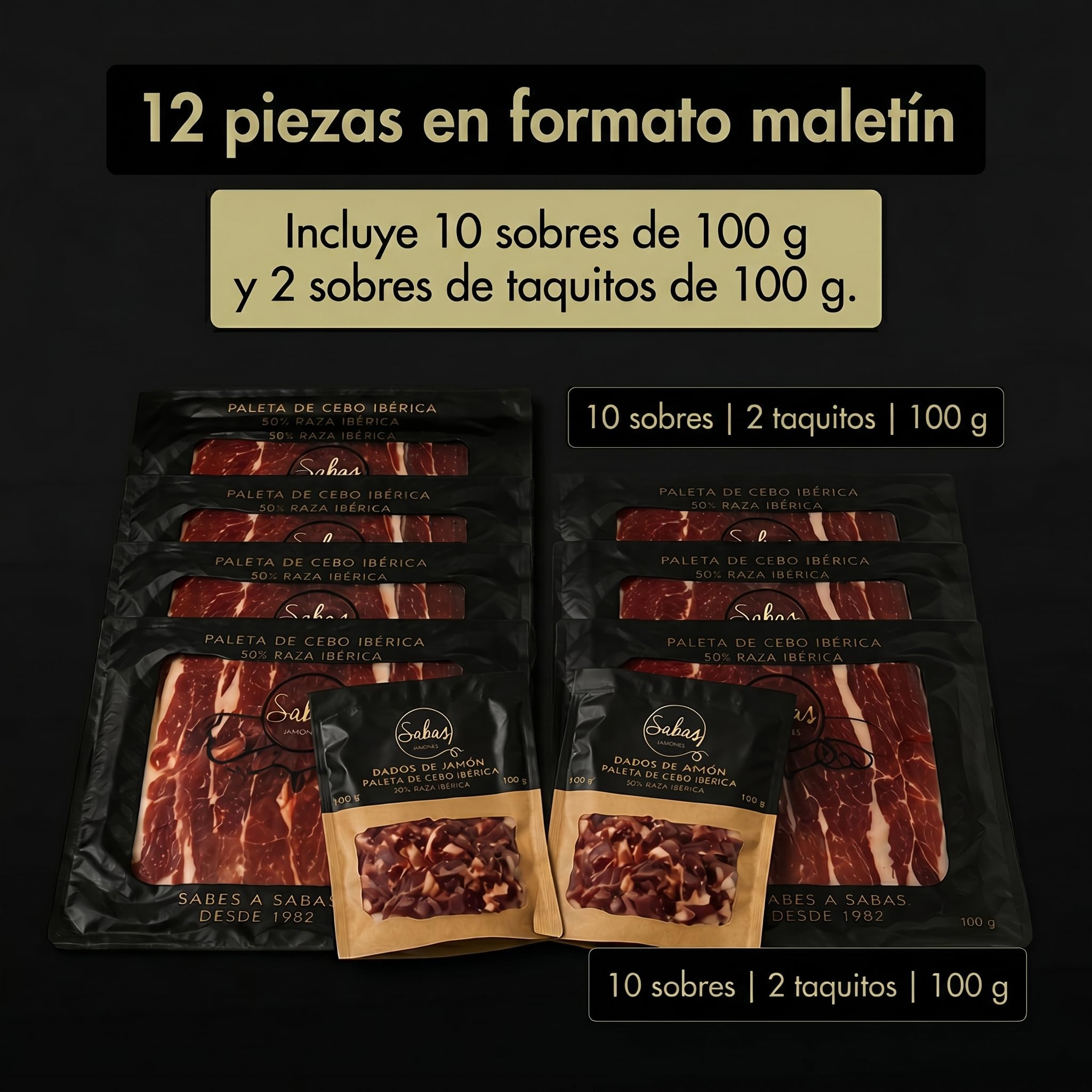 SABE A SABAS Cesta Paleta Gran Reserva Duroc 50% Cortada a Cuchillo 10 Sobres 100g con 2 Taquitos 100g Estuche Gourmet Regalo Jamon Curado Loncheado Tabla Aperitivo Navidad Evento Familiar