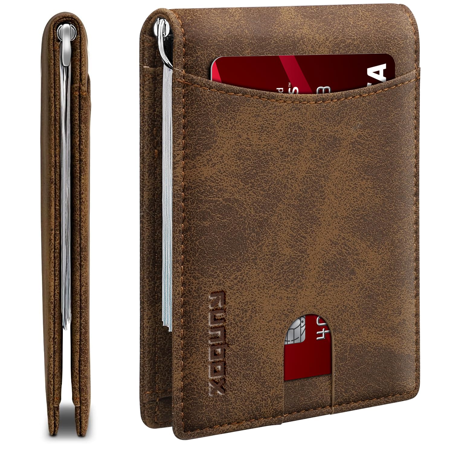 RUNBOX Slim Wallet for Men Genuine Leather RFID Blocking Bifold Minimalist Front Pocket Mens Wallet with Money Clip Thin Gift Box