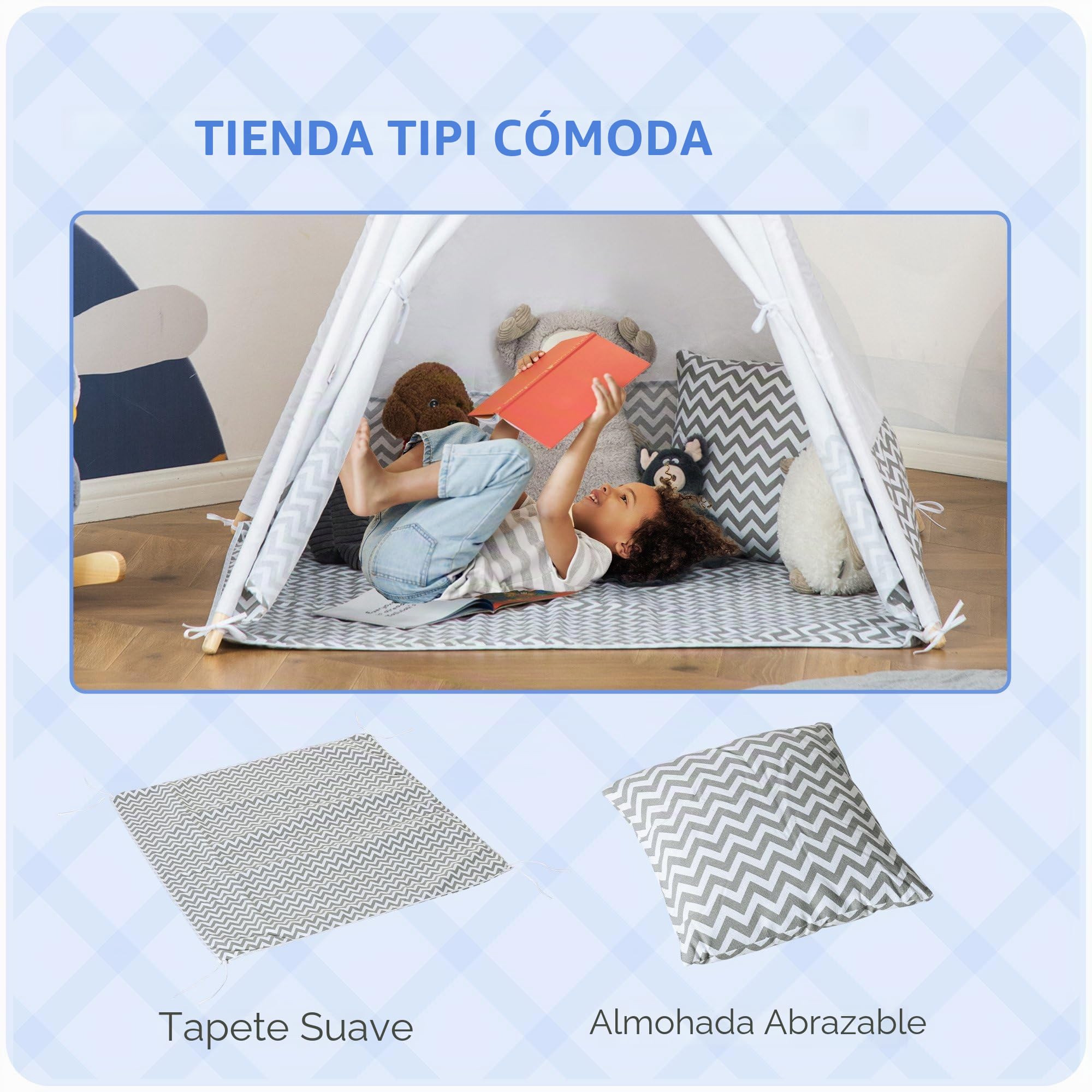 HOMCOM Tipi Indio Tienda de Juego 1.2L x 1.2W x 1.55H m Gris Blanco