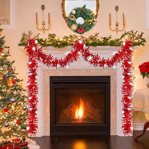 Miniatura 4 de Guirnalda de oropel de Navidad con copos de nieve, guirnalda metálica gruesa de 33 pies para decoración de árbol de Navidad, decoraciones navideñas