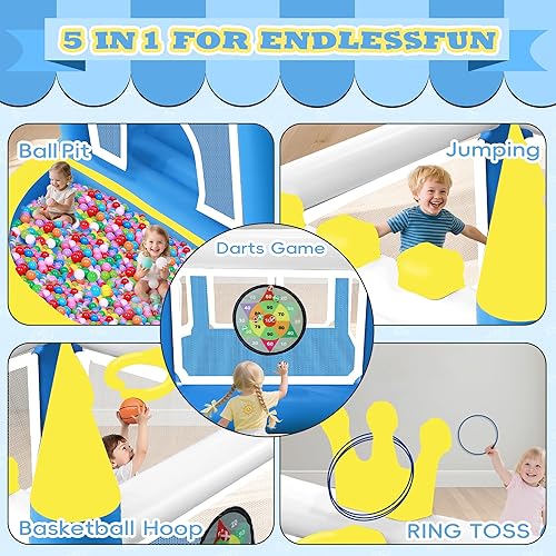 Miniatura 3 de Mini casa inflable con hoyo de bolas, castillo animoso de PVC 5 en 1 para niños con bomba de aire eléctrica, casa de salto de corona pequeña para