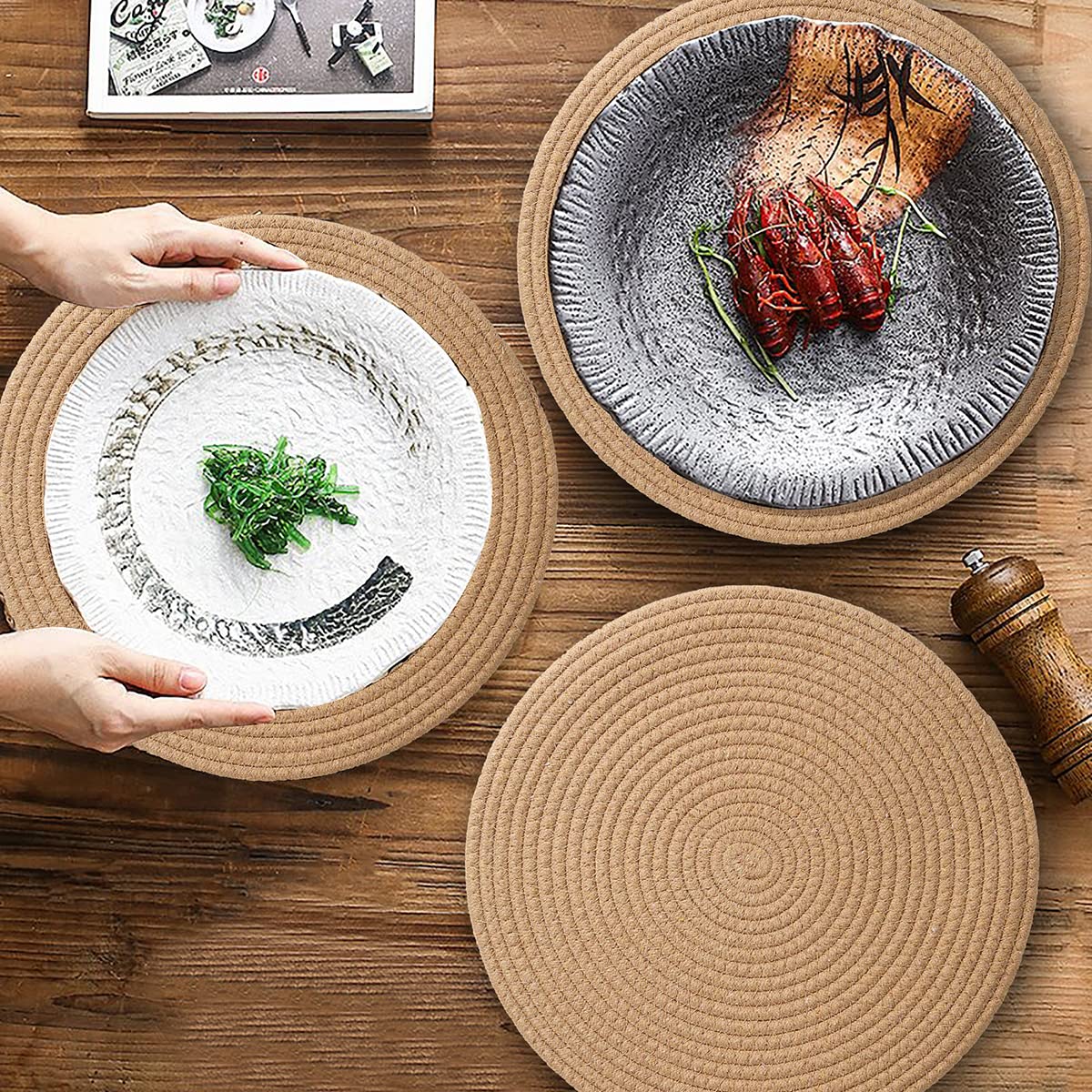 Runde, gewebte Tischsets, 35,05 cm, braune, dicke Tischsets aus Baumwoll-Jute-Seil, geflochtene Tischsets im Rattan-Stil, für Esstisch, 6 Stück