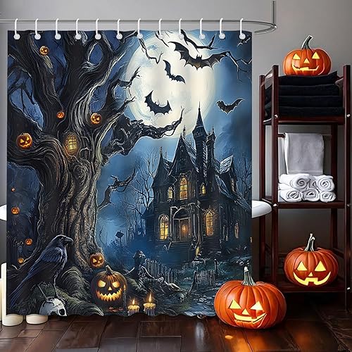 Miniatura 8 de Mocsicka Cortina de ducha de castillo de Halloween, noche aterradora, luna llena, castillo de terror, casa embrujada, cortina de ducha de tela