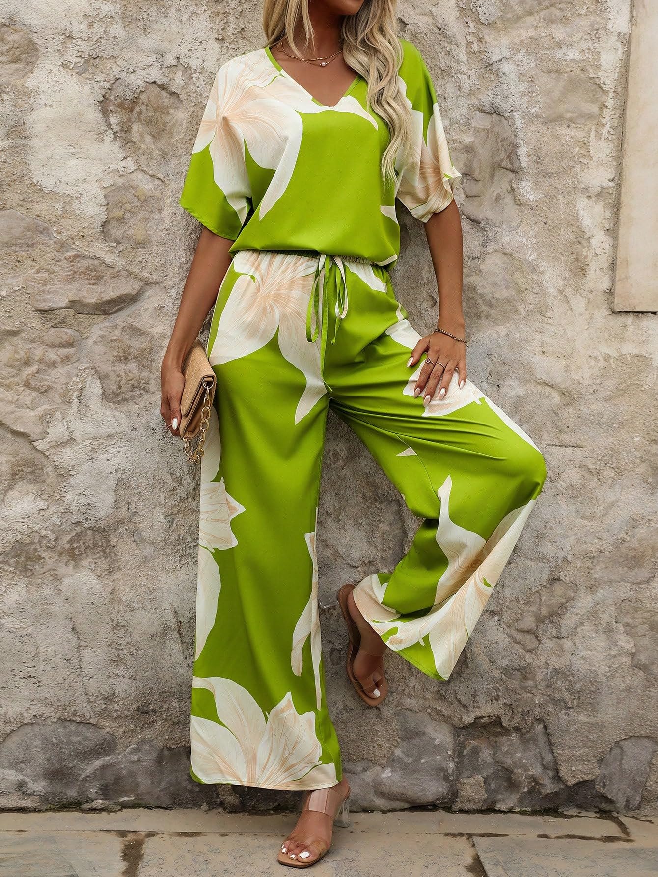 Shasmi Women's Casual Elegant Pista Floral Printed Batwing V-Neck Blouse, Sleeve Shirt, Wide Long Pants for Ladies 2pcs/Set, Spring Outfits For Women (Co-Ods 189 Pista-M) - Image 6 thumbnail