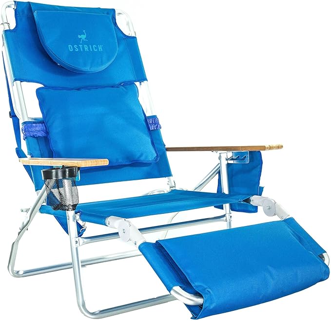 Ostrich Deluxe 3 in 1 Beach Chair with Face Opening - Portable, Reclining Lounger for Tanning - Face Hole for Reading on Stomach - Padded Footrest, Removable Pillow - Aluminum