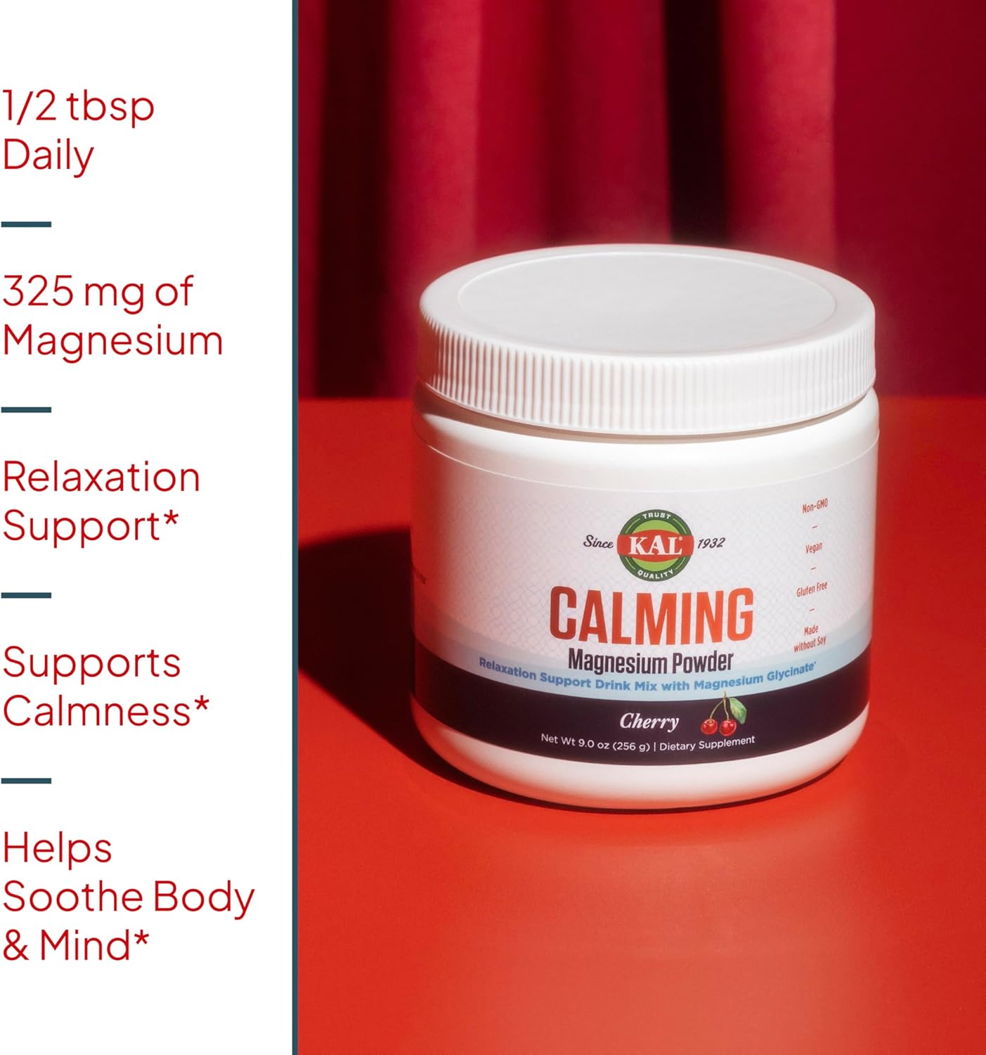 KAL Calming Magnesium Powder - Cherry Flavor Magnesium Supplement - High Absorption, Relaxation Support, No Added Sugar, Vegan, Gluten Free, Made Without Soy - 40 Servings, 9 oz