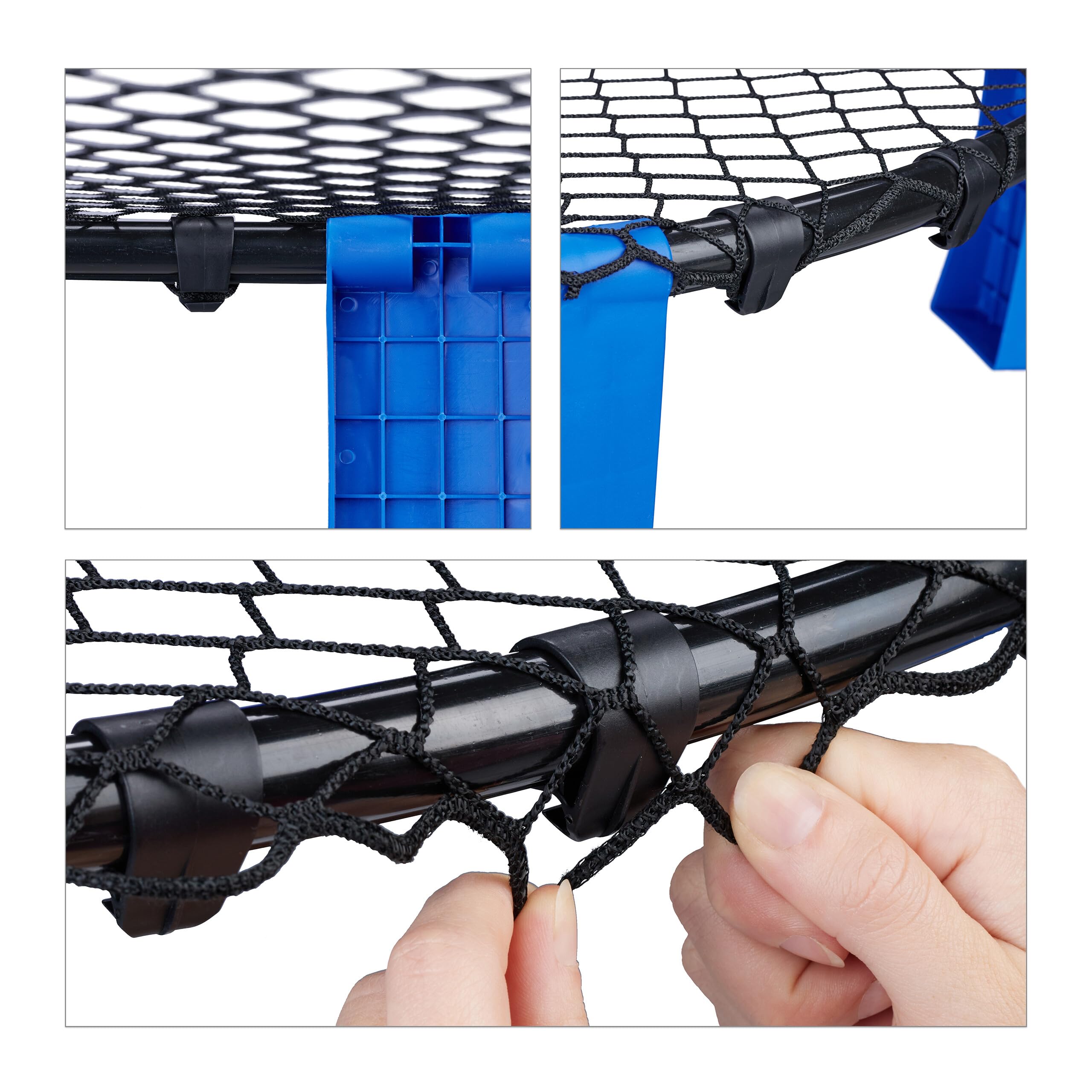 Relaxdays Kit de roundnet Complet, 3 Balles, Pompe, Filet, Sac de Rangement, Jeu d'extérieur, Noir/Bleu