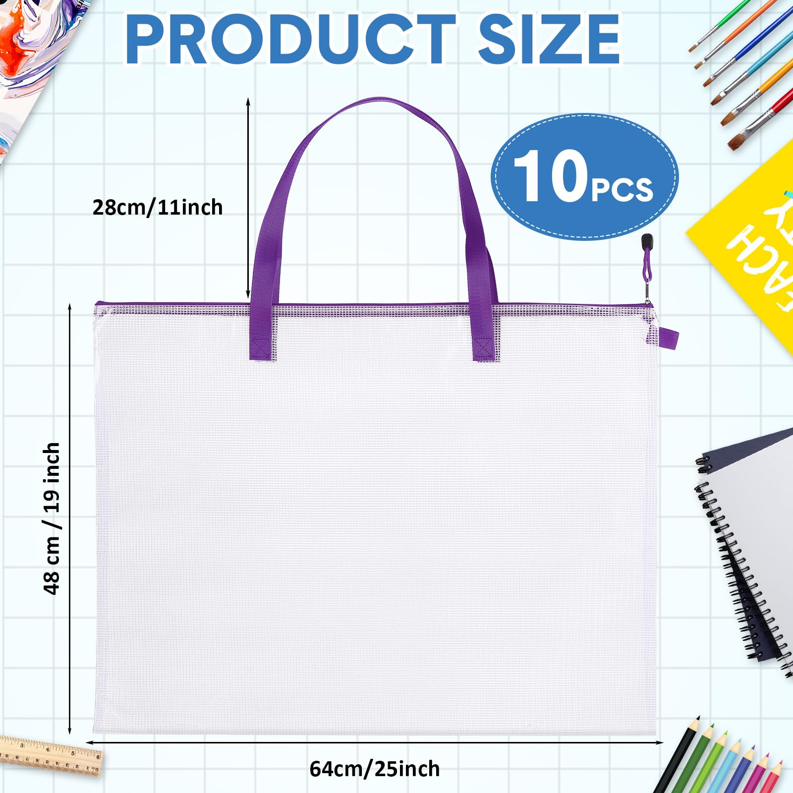 Reginary 10 Pcs 19x25 Inch Art Portfolio Bag Bulk with Zipper and Handle Transparent White Bags for Artwork, Posters, Bulletin Boards, and Paintings. Perfect for Back to School, Art, Storage(Colorful)