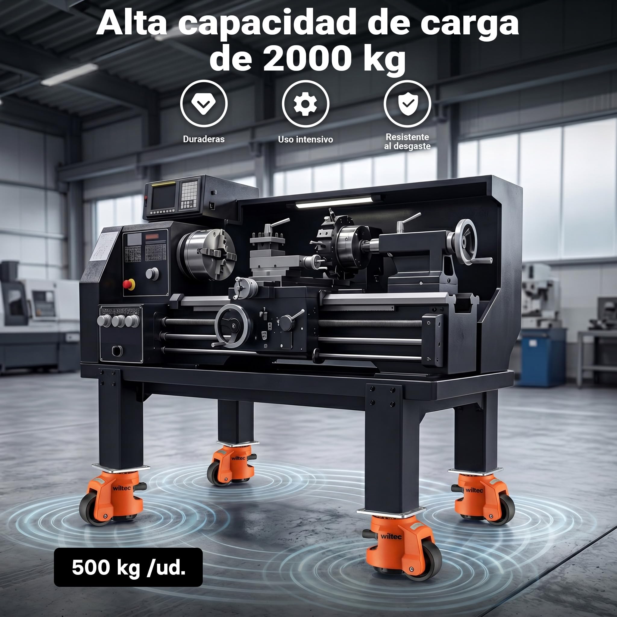 Wiltec Set 4 ruedas para cargas pesadas2000 kg retráctiles con manivela de carraca, 4 x 500 kg, ruedas para muebles, maquinaria y transporte de cargas