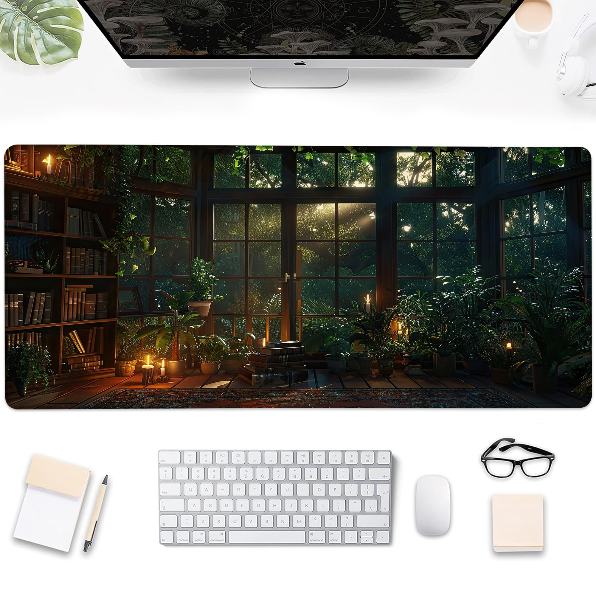 Desk Pad, Dark Green Plant Anime Lofi Large Gaming Mouse Pad,Desk Mat for Keyboard and Mouse with Stitched Edges and Non-Slip Rubber Base for Work